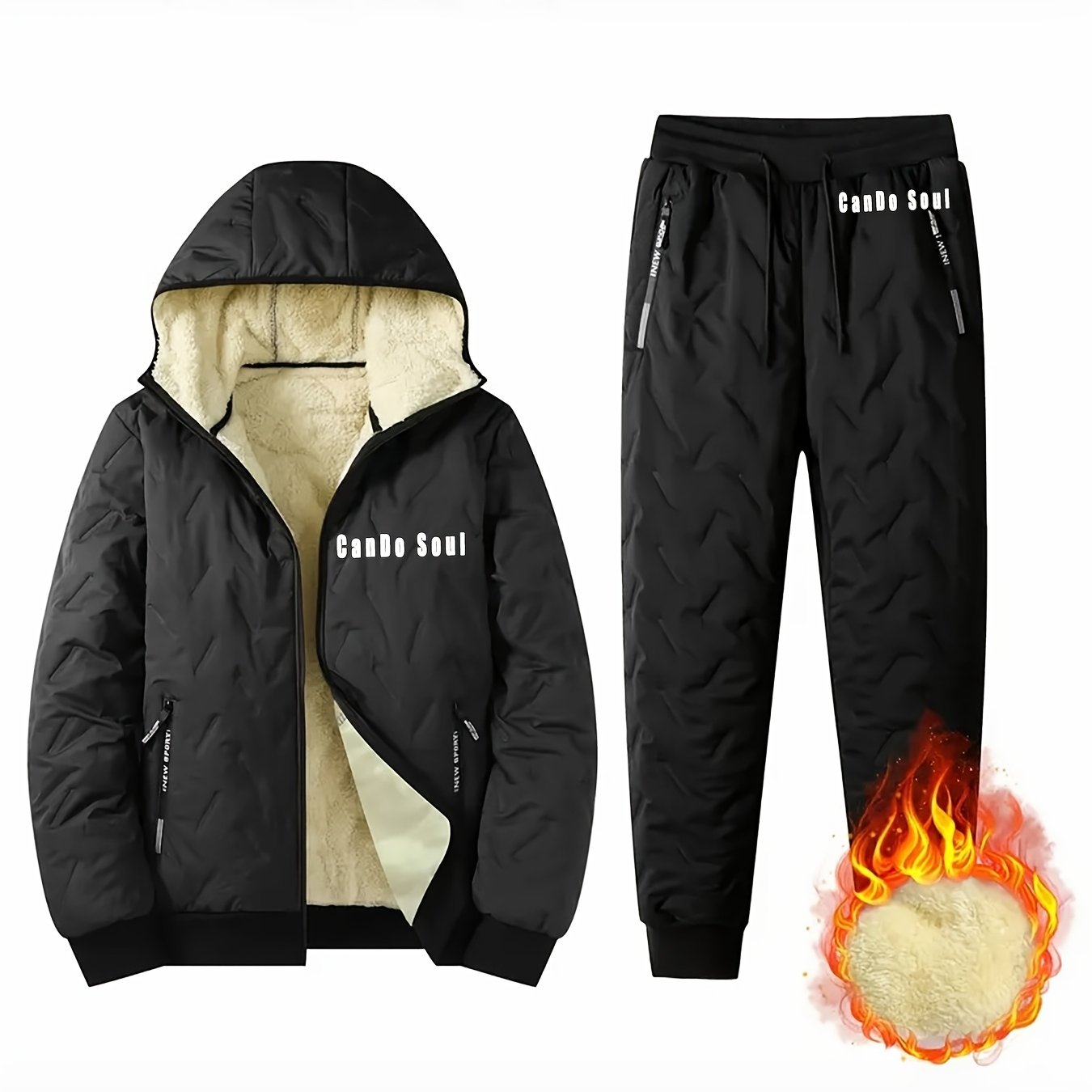 TEMU 2pcs - Autumn/ Winter Two-piece Men's Hooded Casual Suit Long Sleeved Jacket Pants Jacket Men's Winter Casual Jacket Set, With Plush Lining