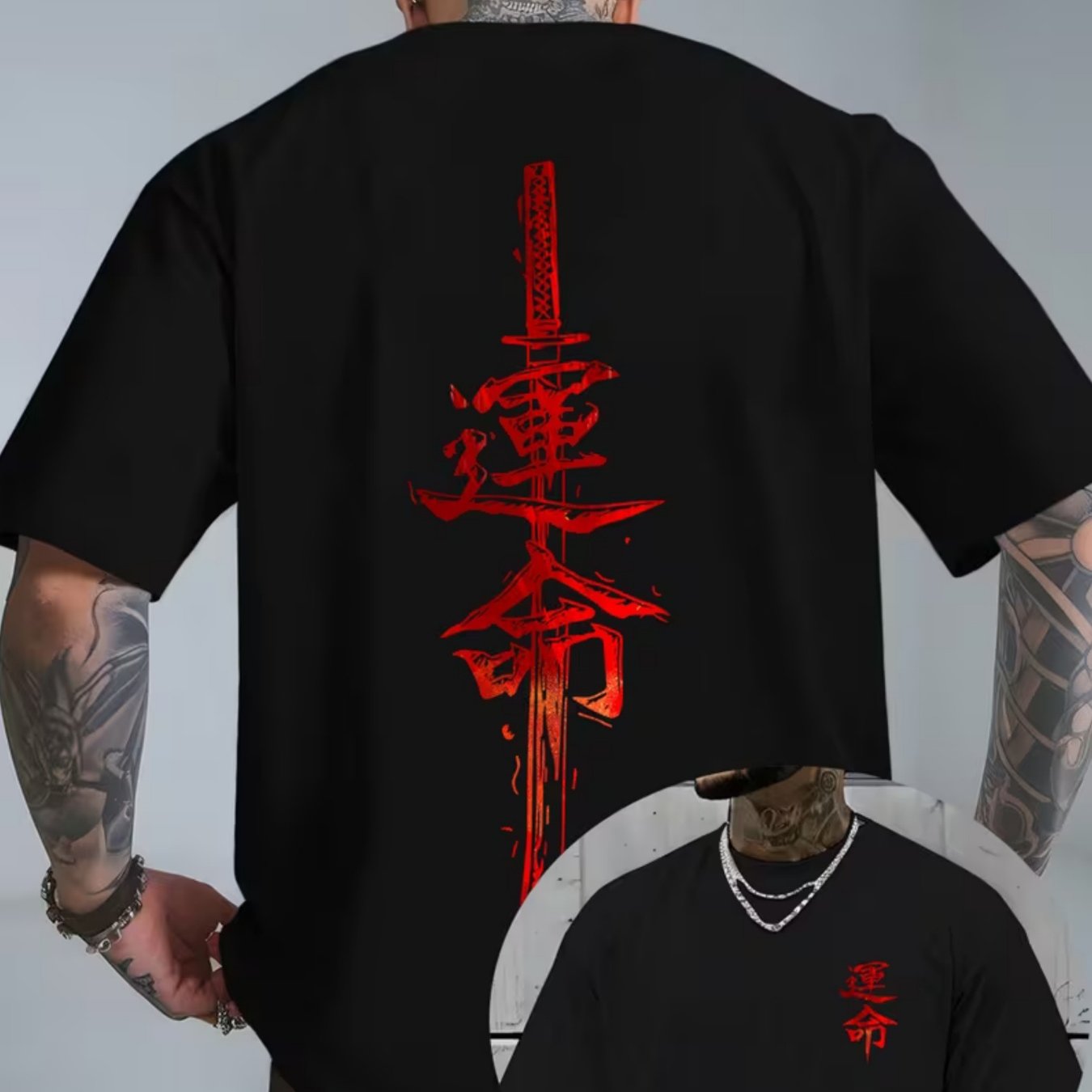 TEMU Men's Luck Wei Chinese & Brand Print T-shirt - Urban Streetwear Style, Soft Breathable 100% Polyester Round Neck Short Sleeve Summer Casual Tee