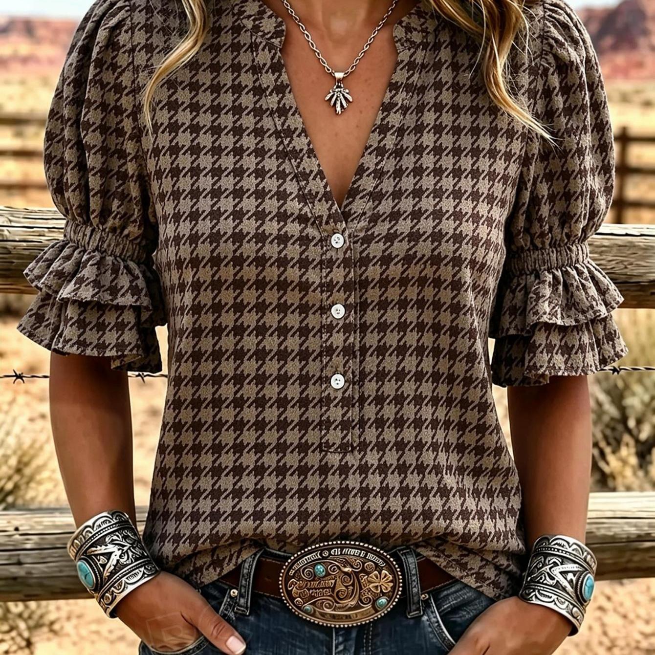 New Women's Western Print V-neck Blouse Pattern Puff Sleeves Summer Women's Tops Western Shirts Fabric Machine Washable 2d Flat Print Ideal For Casual Vacation Travel