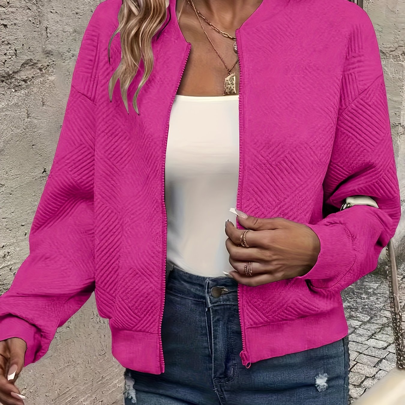 TEMU New Fashionable Solid Color Zipper Jacket With Baseball Collar, Casual Women's Outerwear