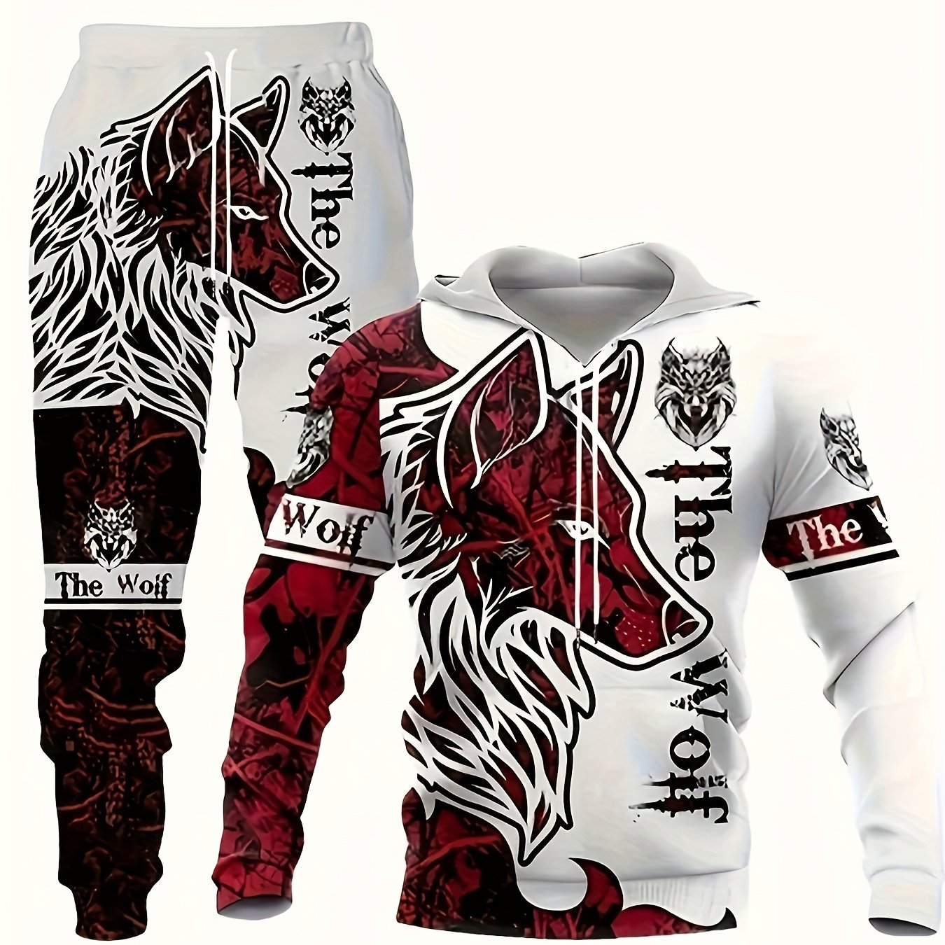 TEMU 2pcs Men's Large Size Wolf Print Hoodie And Sweatpants White And Red Hoodie, Comfortable Spring And Autumn Hoodie Set, Regular Fit, Animal
