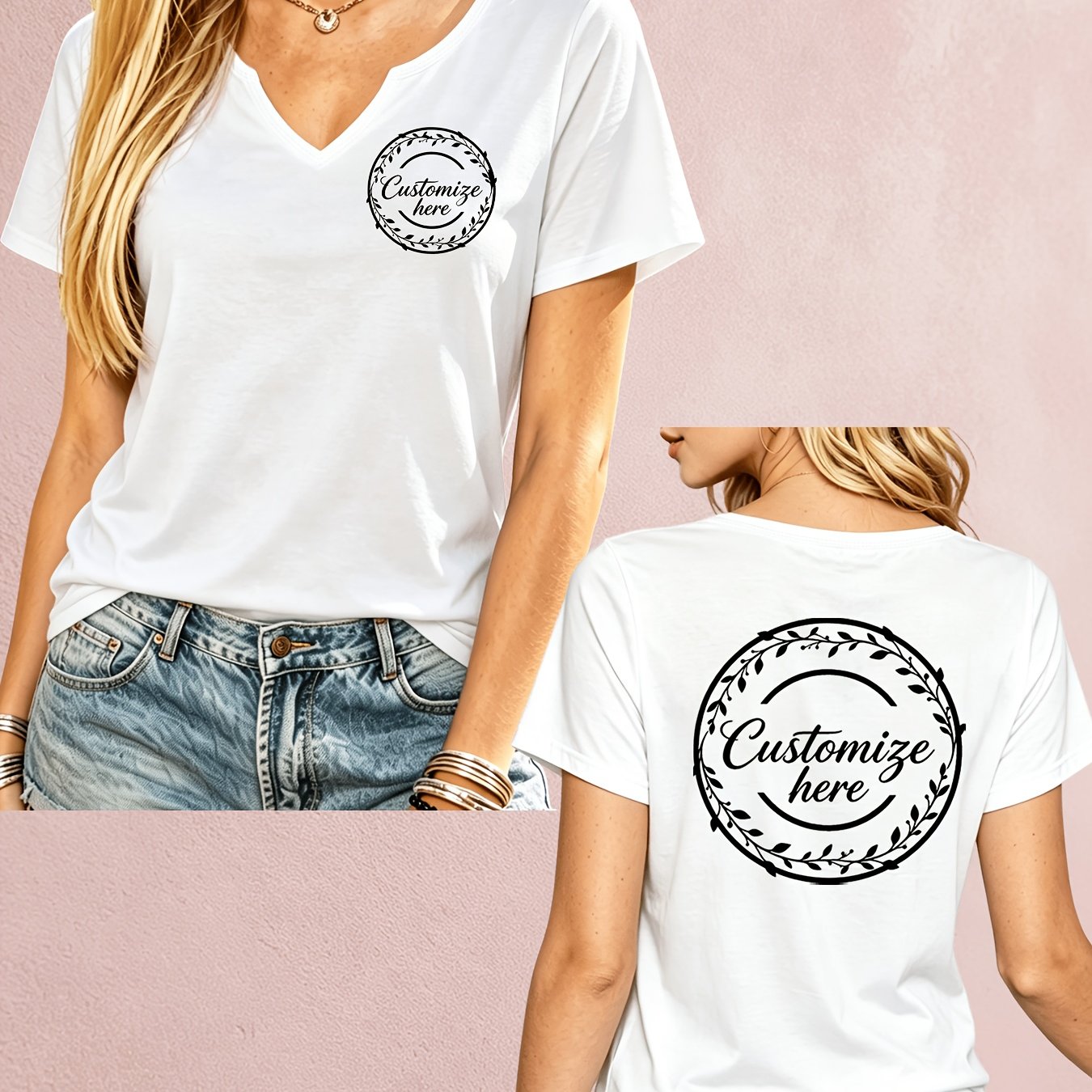 TEMU Custom Printed V-neck Short-sleeve Women's T-shirt, Suitable For Daily Casual Wear, A Versatile And Fashionable Style, With Custom Printing