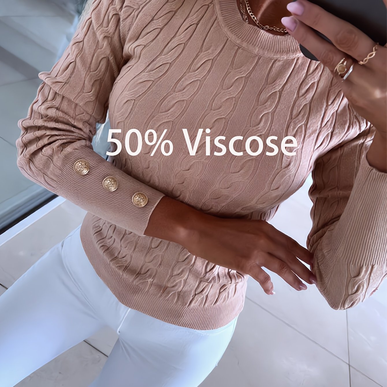 TEMU Modischer Damenpullover mit Rundhalsausschnitt, Strickware mit goldenen Knöpfen, Rippstrick-Bodycon-Top YTD