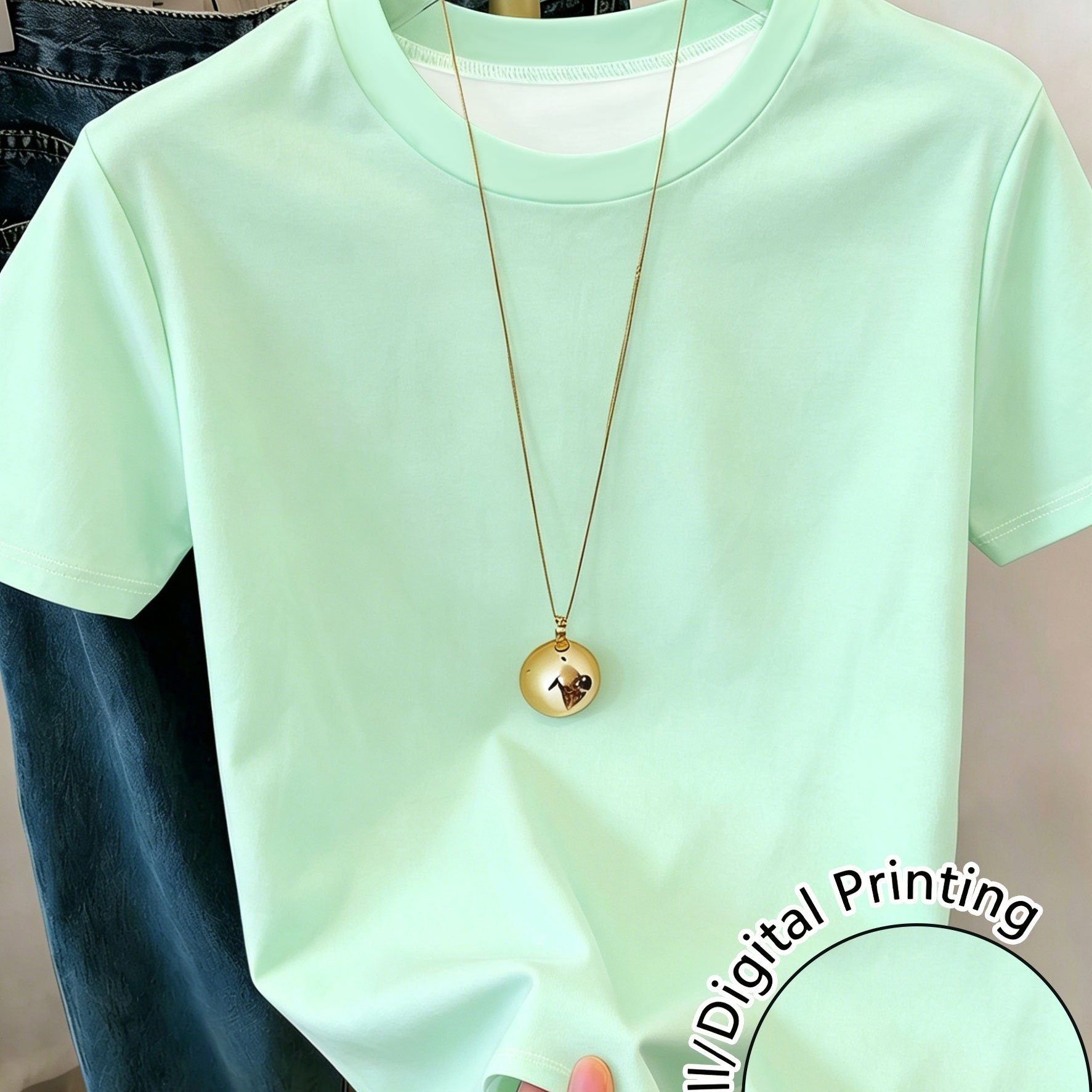 TEMU Mint Green Women's Printed Round Neck Short Sleeve T-shirt, Slim Fit Flattering, Fresh And Versatile For Spring/summer