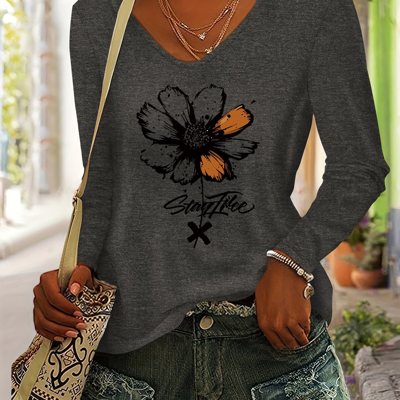 TEMU Floral Pattern Women's Casual Versatile Comfortable Casual V-neck Long Sleeve T-shirt