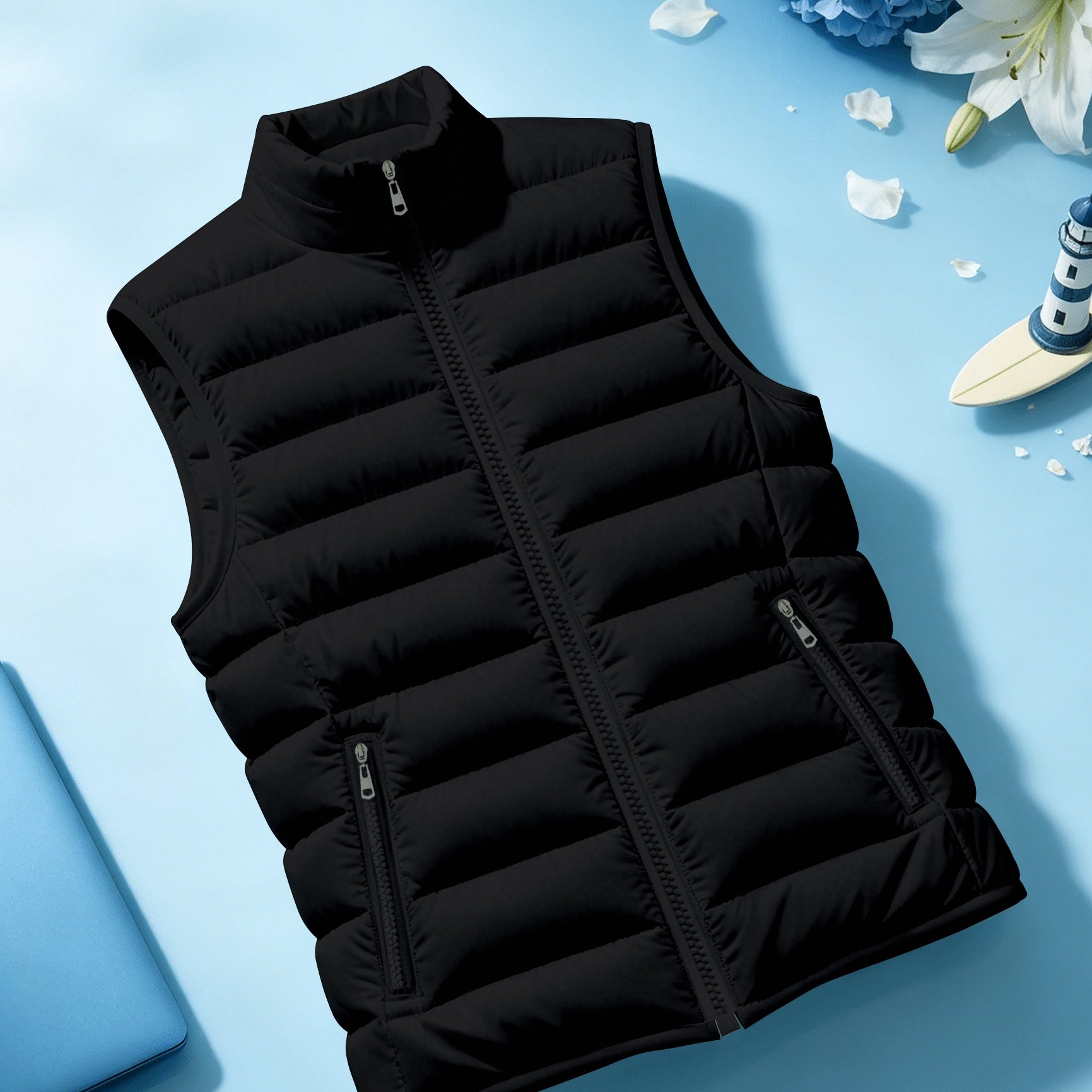 TEMU Men's Fashionable Casual Warm Vest - Solid Color Stand Up Collar Zipper , Sleeveless Polyester Fiber Filling, Durable Zipper Closure, Suitable