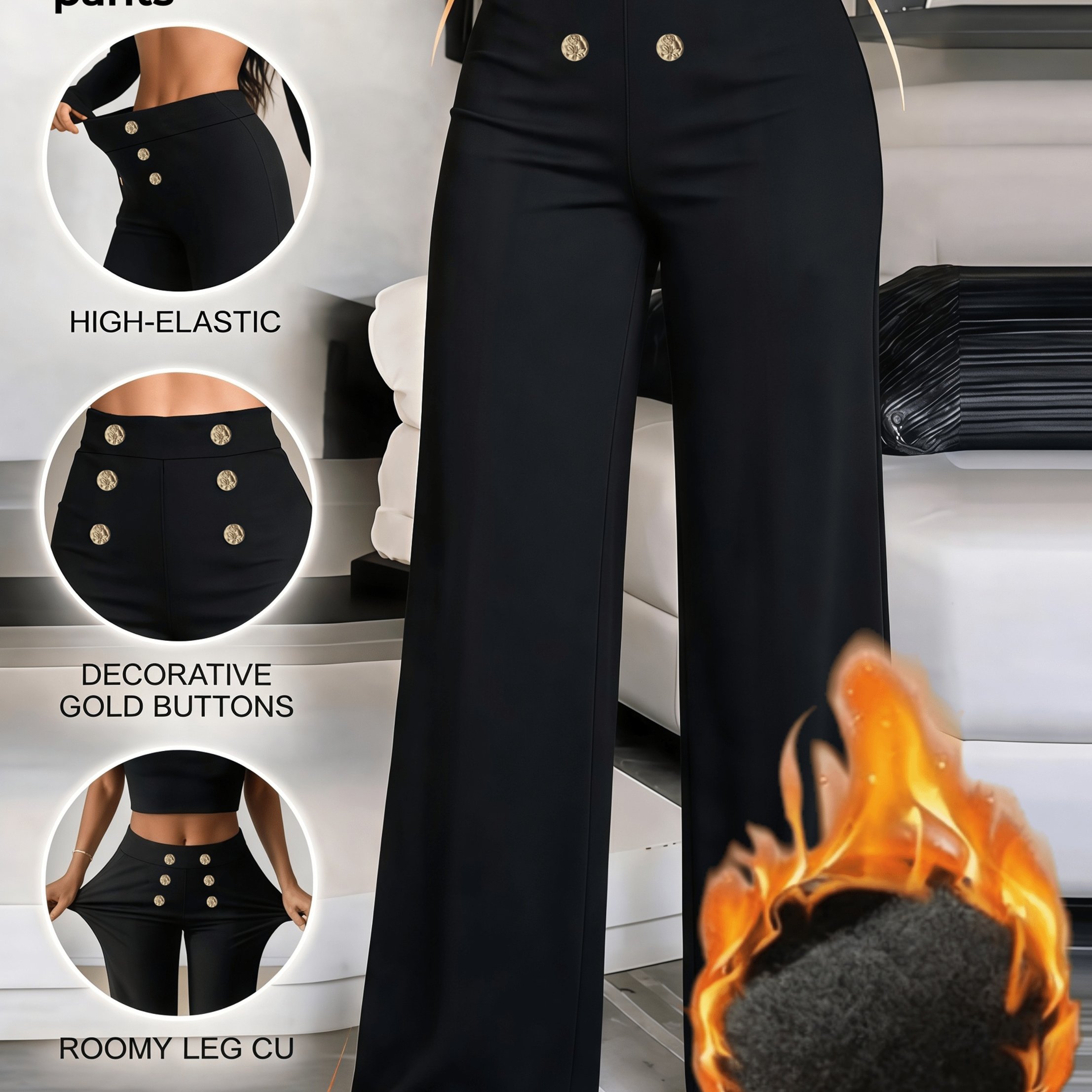 TEMU Pantalon à taille haute et jambes larges avec six exquises boutons métalliques dorés, doublure brossée épaisse pour la chaleur, pantalon droit ,