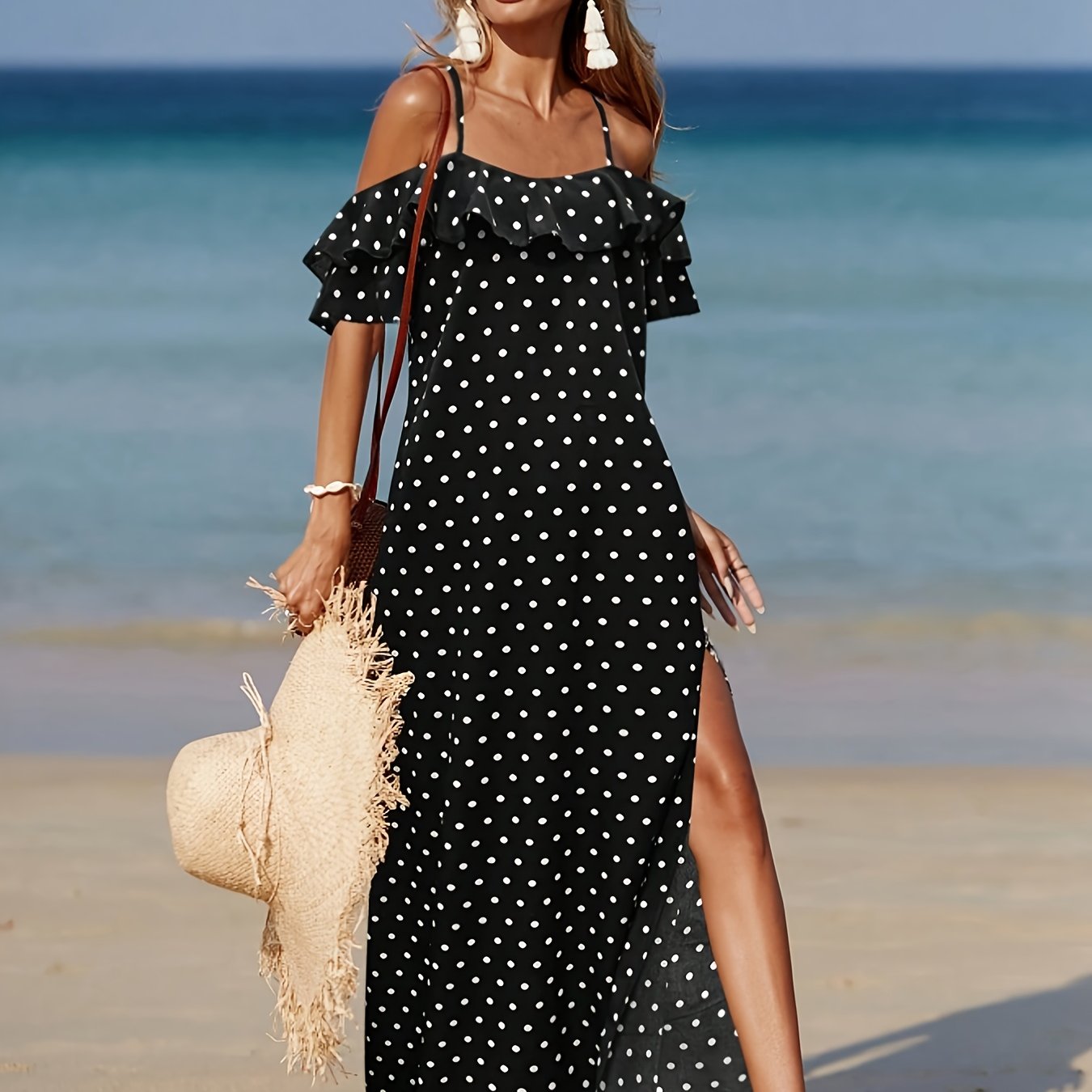Image of Women's Off-shoulder Polka Dot Beach Dress - Lightweight Dress With Side Slit, Semi-sheer Machine Washable Resort Wear, Beach Clothes