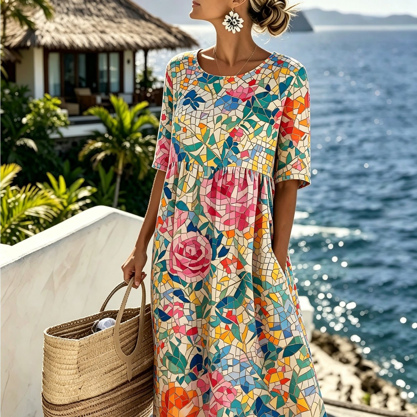 Women's Geometric Print Midi Dress - Round Neck Half Sleeve With Pockets, Casual Loose Fit Summer Dress For Vacation Beach Daily Wear