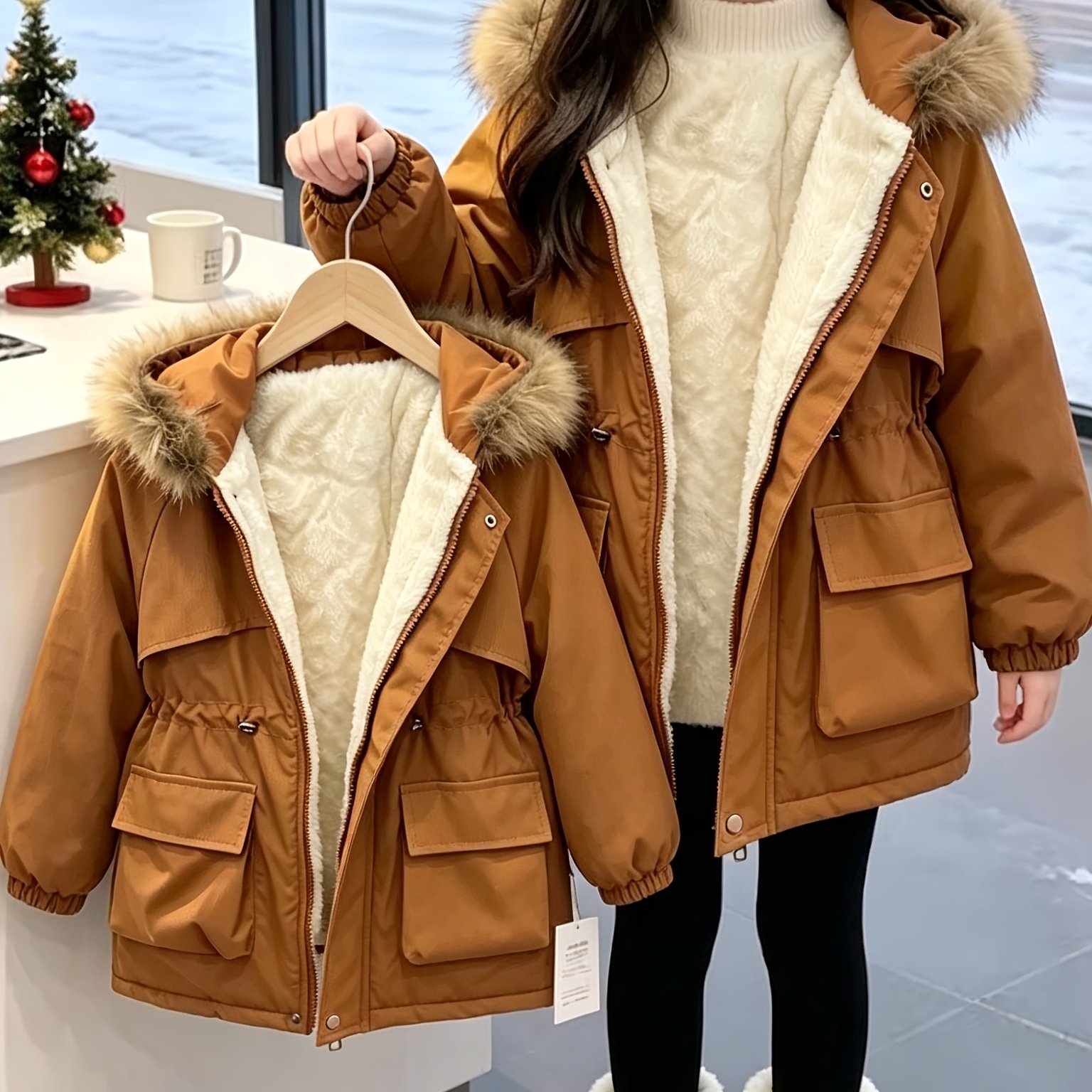 New Arrival Stylish Hooded Parka Coat For Girls In Winter, Mid-length Kids' Cargo Style -lined Thickened Waist-tight Warm Outerwear, Adjustable Waist Design For A Slim Look Without Looking Bulky