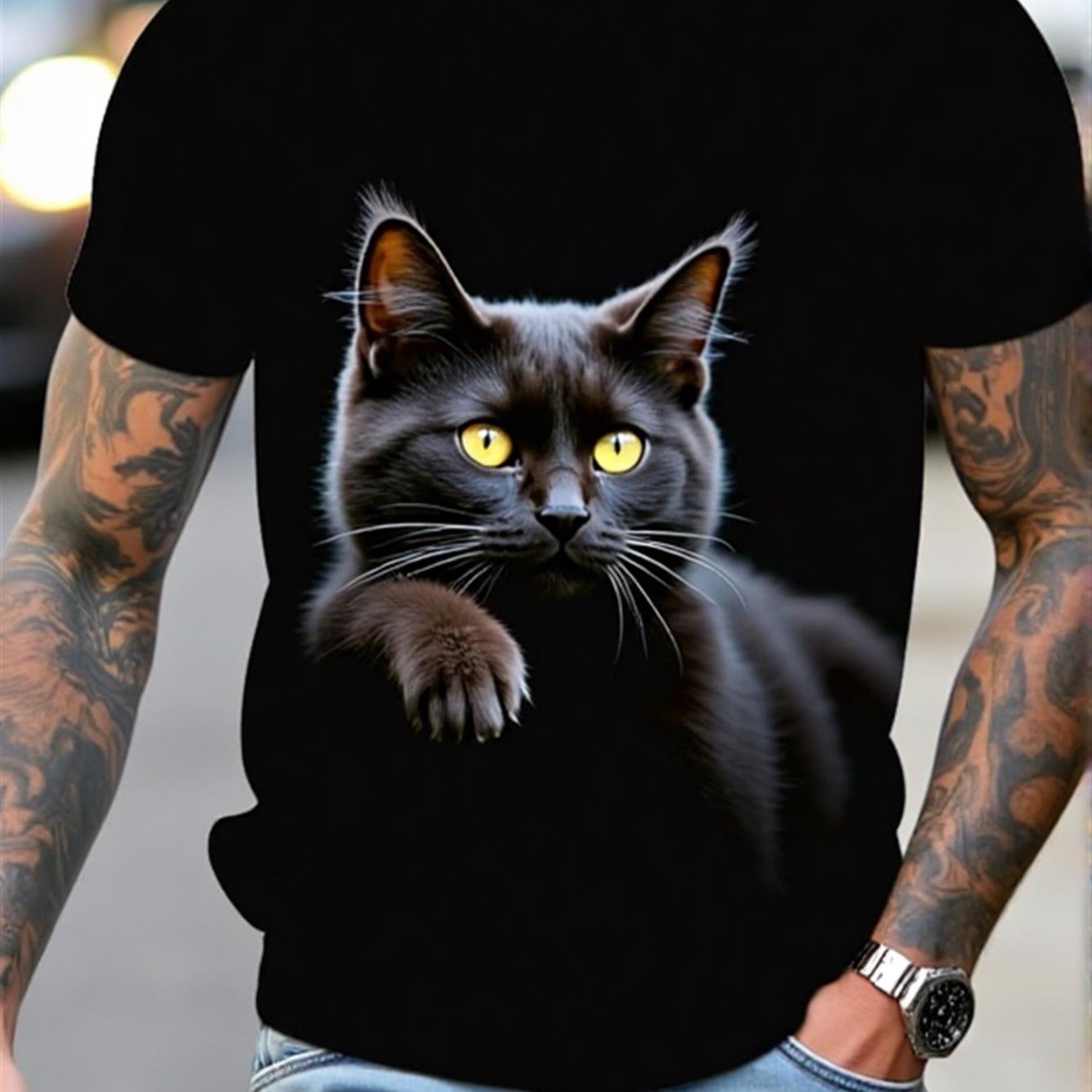 Image of Men's T-shirt Featuring A Black With Lifelike Yellow Eyes - Made From Soft, Breathable Material, This Round Neck, Short Sleeve Casual Top Is Perfect For Comfortable Everyday Wear