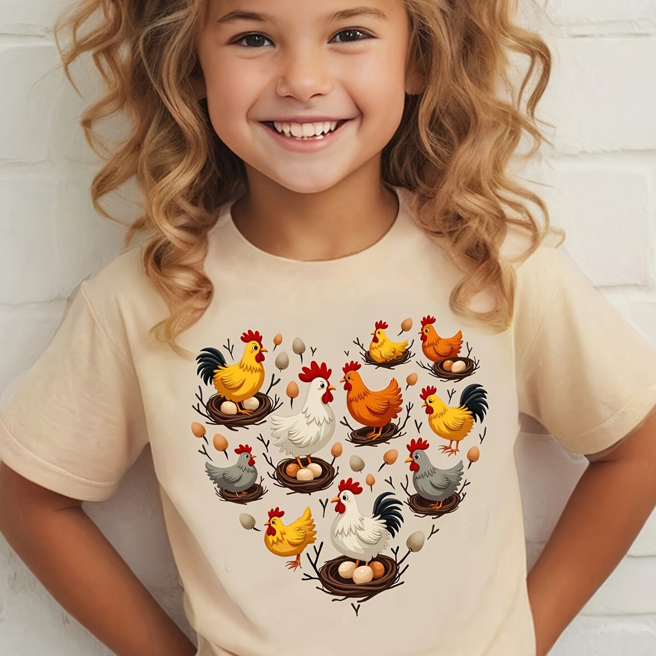 Image of Easter Tx60285 Girls Rooster Heart Print Fashion Versatile Crew Neck T-shirt