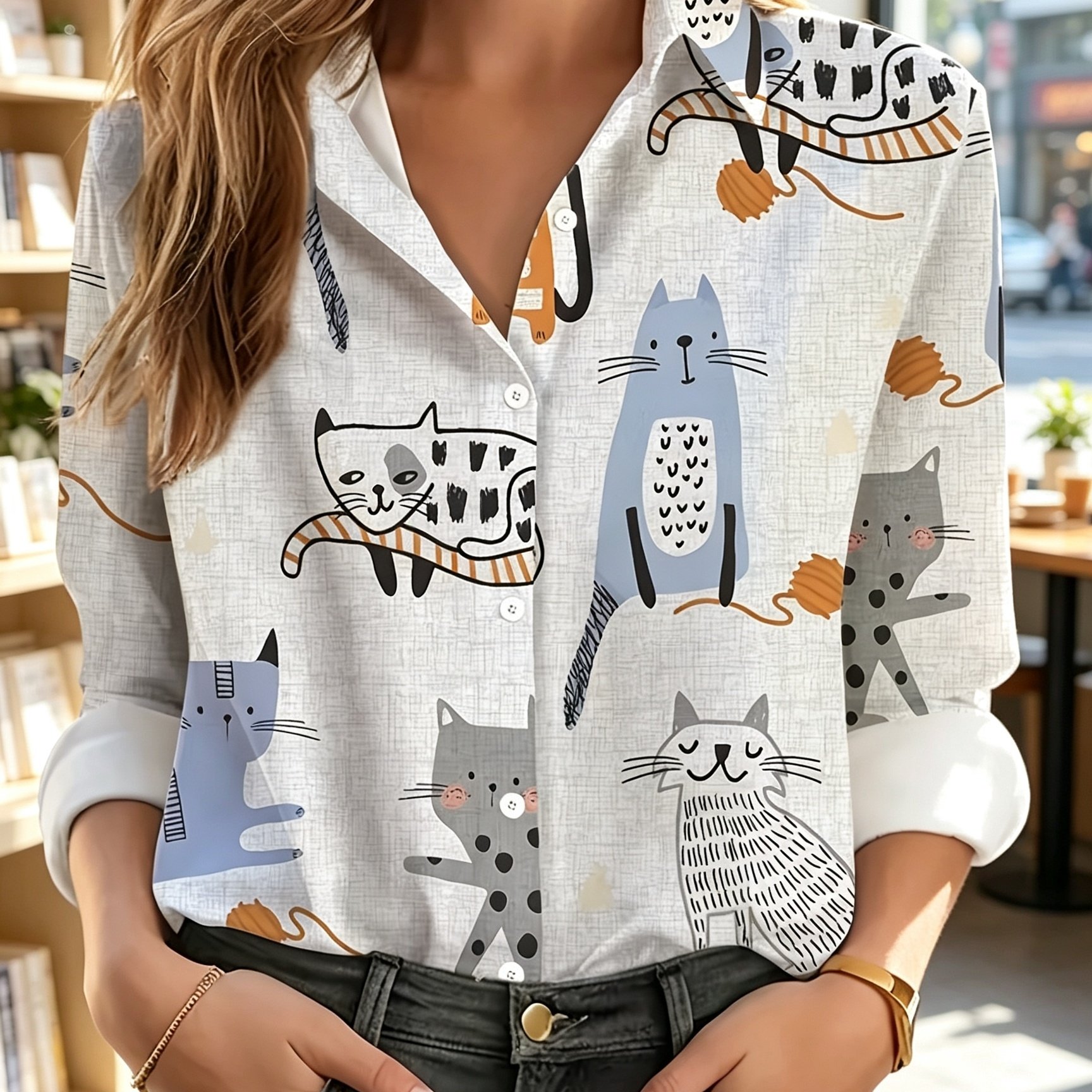 TEMU 【商品名】漫画猫プリント イージーシャツ、カジュアル ボタンアップ 長袖 ブラウス、レディース 服