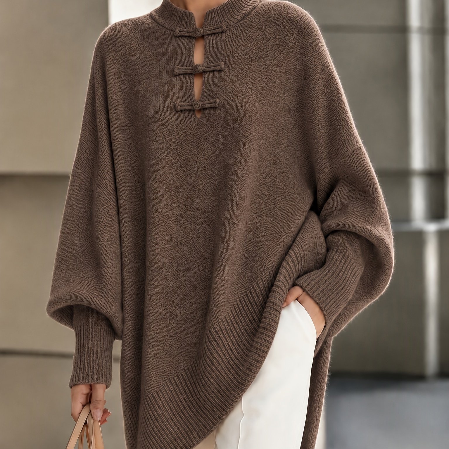 TEMU Pull pour femme grande taille, style moyen-oriental et chinois, élégant, décontracté et , avec col rond et patte de boutonnage, couleur unie, et