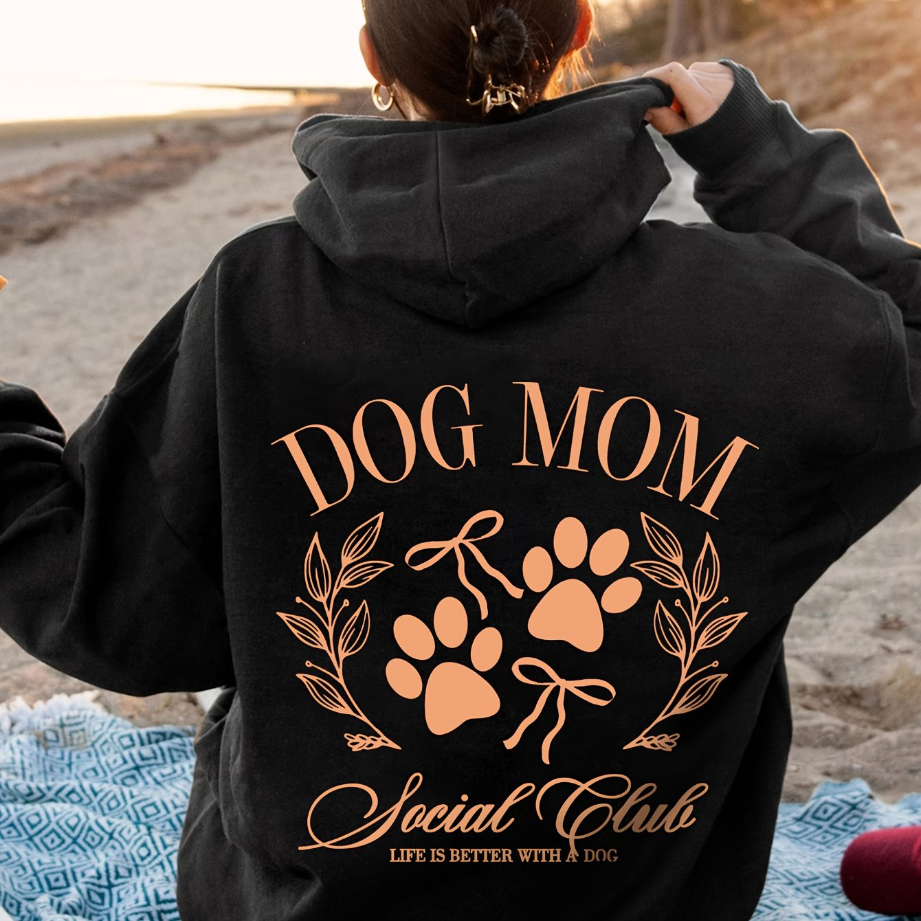 TEMU Women's Casual Cute Dog Paw Print Letter Print Hooded Sweatshirt