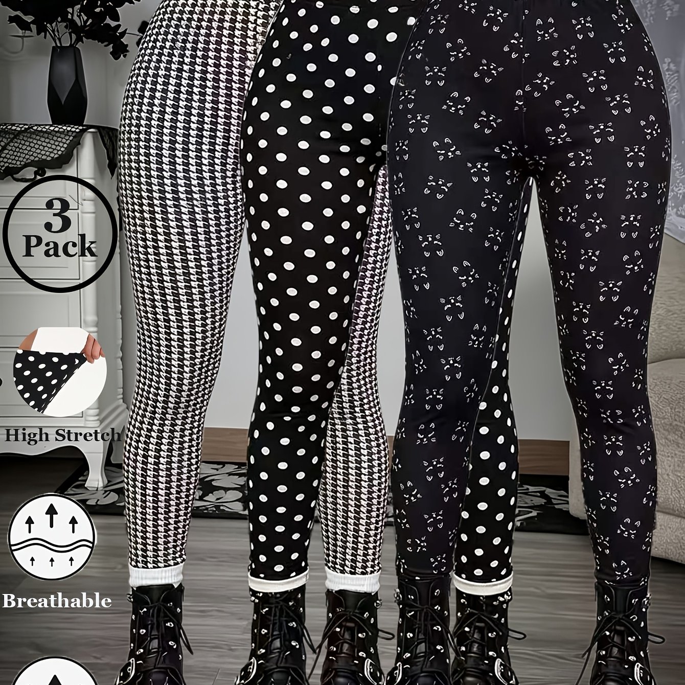 TEMU 3 Pack Women Autumn Polka Dots Pattern Leggings Cute Daily Matching Elegant Pants Soft Fabric Stretch Fashion Printed Suitable Street Daily