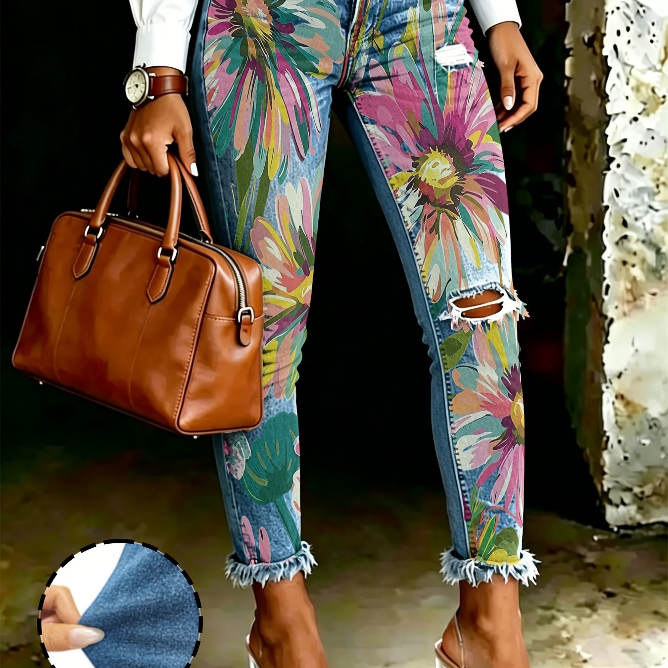 TEMU Blue Denim Fabric Colorful Floral Pattern On Denim Jeans Printed Skinny Jeans Versatile For Daily Wear Women's Long Denim Pants