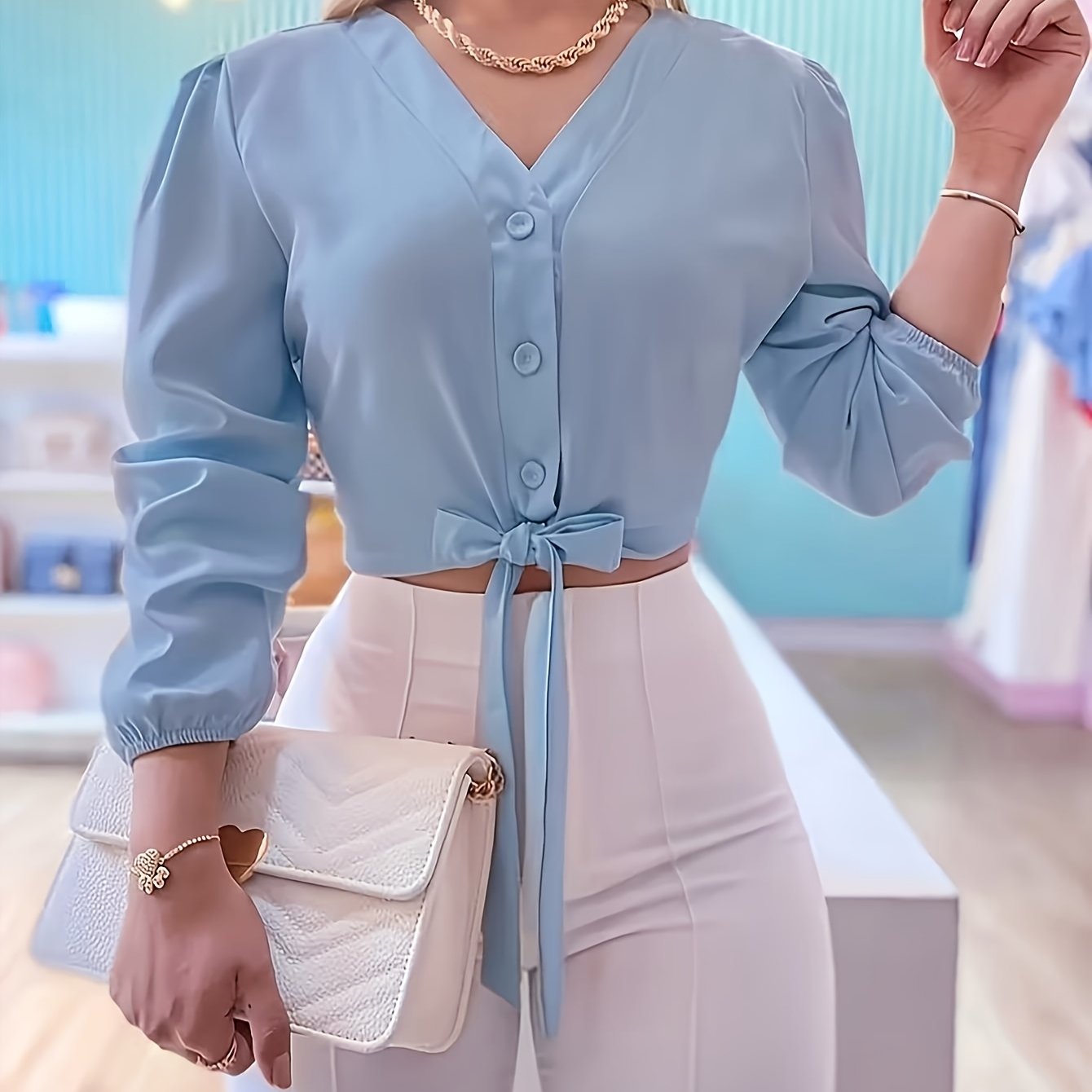 TEMU Women's Elegant Temperament V-neck Top, Fashionable Office Work Casual Outing Party Shirt, Formal Wear, Women's Clothing