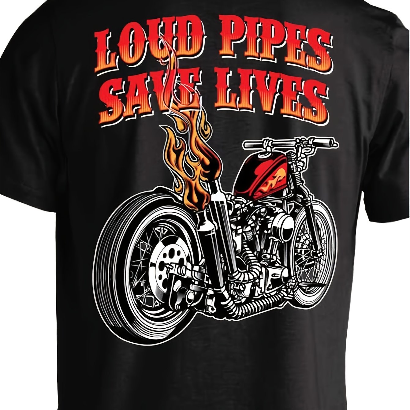 TEMU Vintage Motorcycle Bobber T-shirt - Loud Pipes Lives Back Print, Apparel With Round Neck, Machine Washable Casual Tee For Motorcycle Enthusiasts