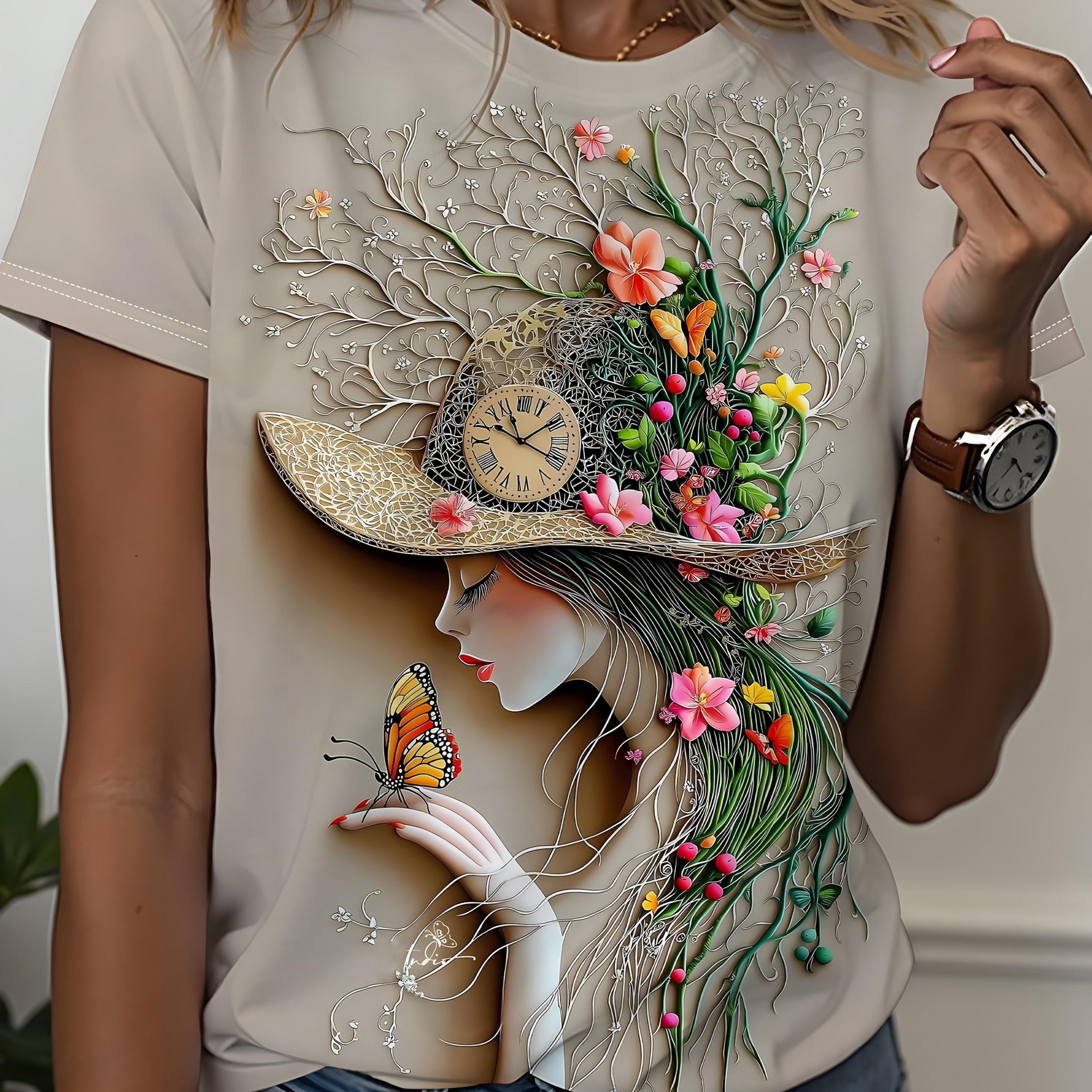 TEMU T-shirt à imprimé floral 3D, T court à col rond