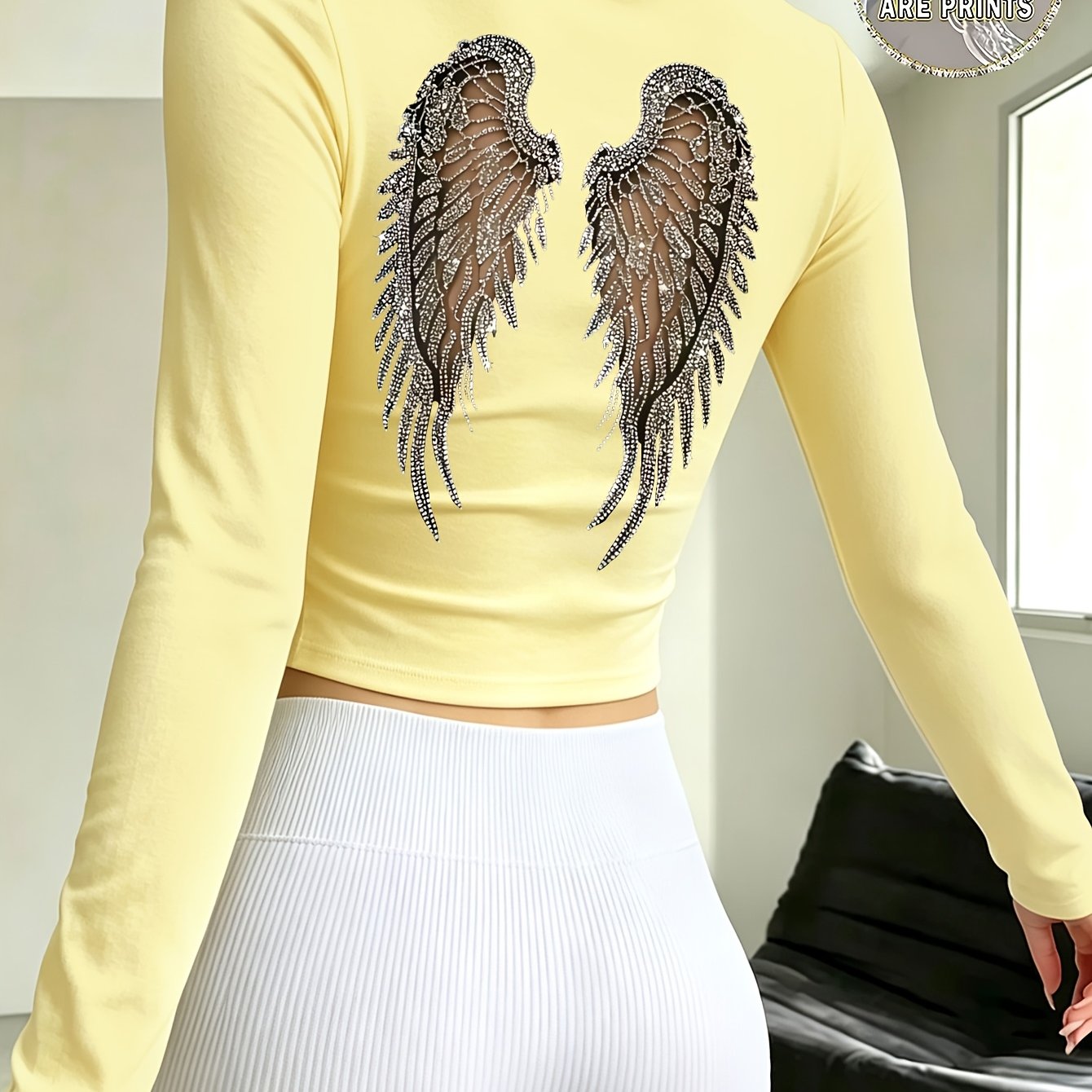 TEMU [printed Design â Not Textured] A Women's Casual Top Featuring A Stylish And Simple Wing-pattern Print, A Daily Fashionable Slim-fit Round-neck