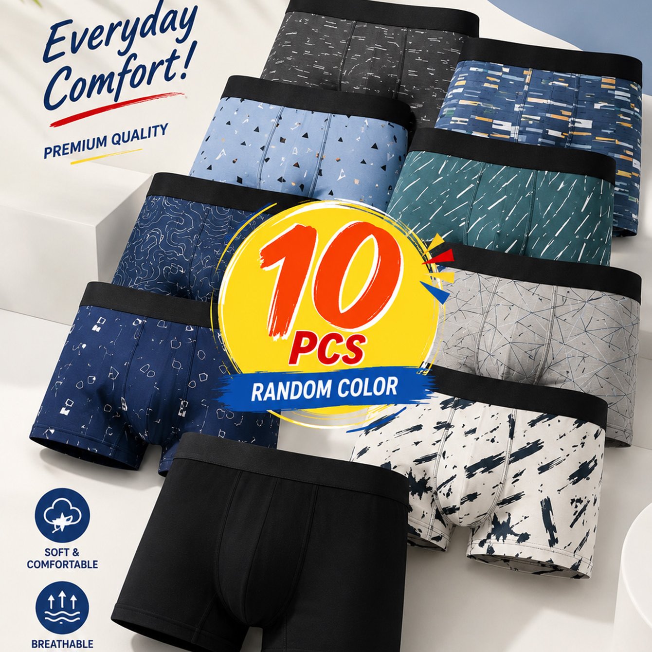 Image of 10pcs Random Men's Underwear, Featuring Easy And Graffiti Prints, Thin, Breathable, Quick-dry Short Men's Boxers, Suitable For Casual And Sporty Wear