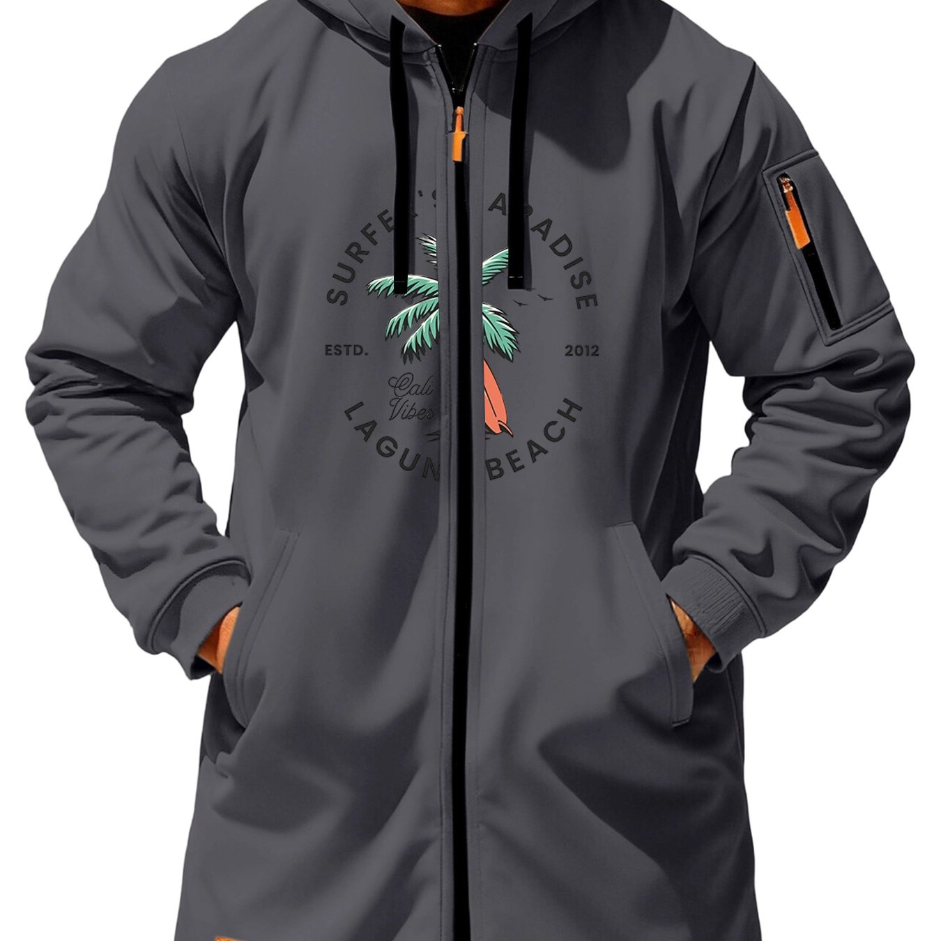 TEMU Men's Casual Long Hooded Coat | Paradise Beach Surf Print, Full Zipper, Side Zipper Design, Drawstring Hat Collar, Loose Fit Street Coat