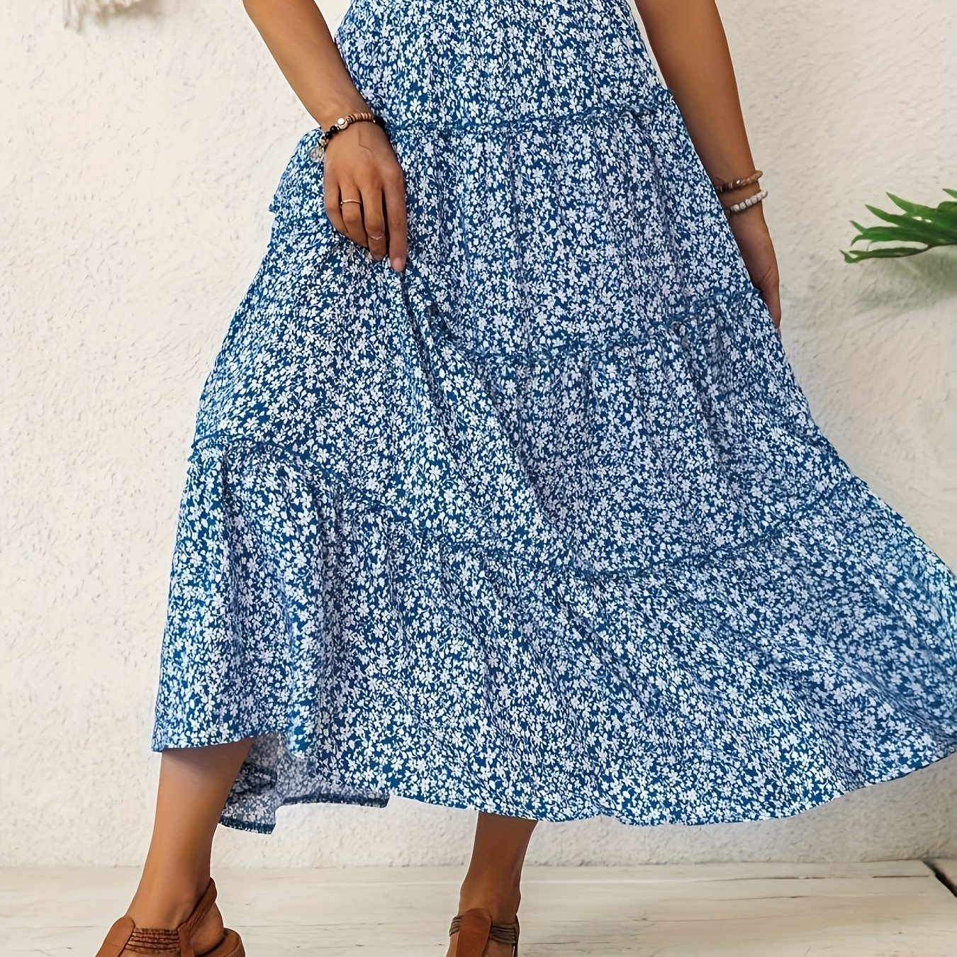 Women's Bohemian Blue Floral Print Maxi Skirt Hem Long Flowy Skirt for  Spring Summer, Machine Washable Vacation Beachwear Casual Outfits,