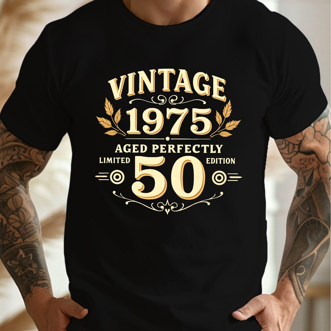 TEMU Classic 1975 Vintage Print, Men's Short Sleeve Crew Neck T-shirt, Comfortable Casual Top For Summer