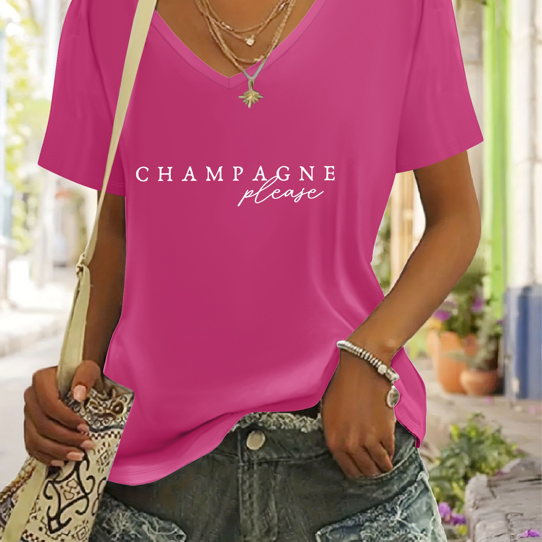 TEMU T-shirt à col en V pour femme, mode printemps/été, en V et de créateur, imprimé simple "CHAMPAGNE Please", haut polyvalent pour femme pour les