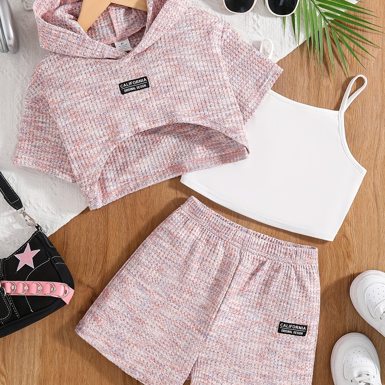 Image of 3pcss Set Girls' Fashion Trend Clothing, Big Girl Solid Color Camisole Inner Wear + Short-sleeved Hooded Outer Wear Top + Elastic Waist Shorts, Versatile Casual Clothing 3pcss Set, For Outdoor