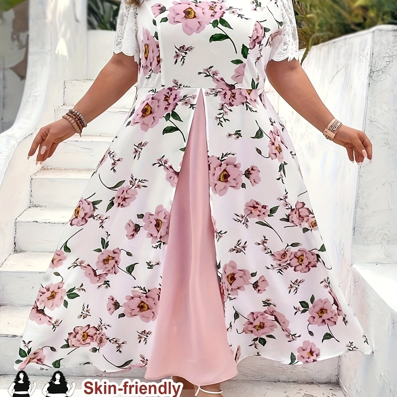 E-shop Plus Size - Plus Size - Elegantes Damenkleid in großen Größen mit -Blumenmuster, Patchwork-Design, langes Kleid, elegantes Urlaubs, Feiertags,