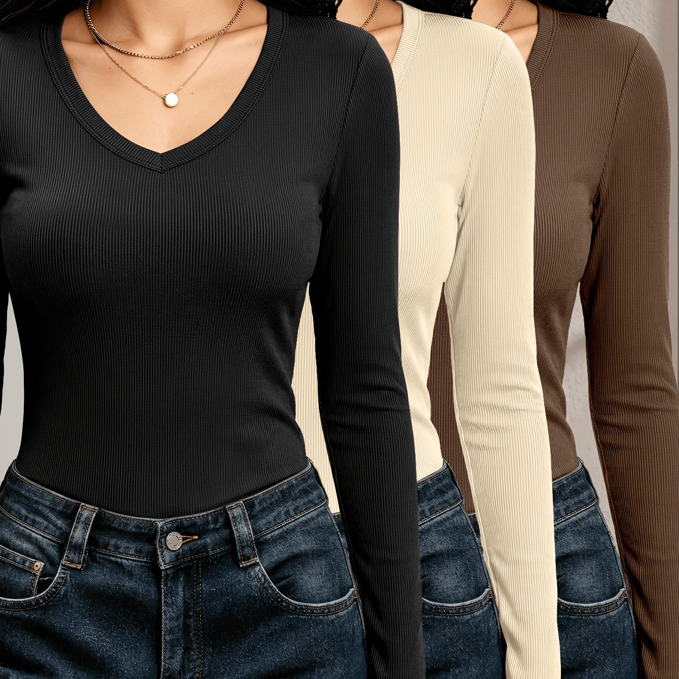 TEMU 3pcs Women's Elegant Ribbed V-neck Long Sleeve T-shirt, New Autumn/winter Style, Pretty T-shirt, Fall Top, Autumn Tee, Long Sleeve Tee, Women's