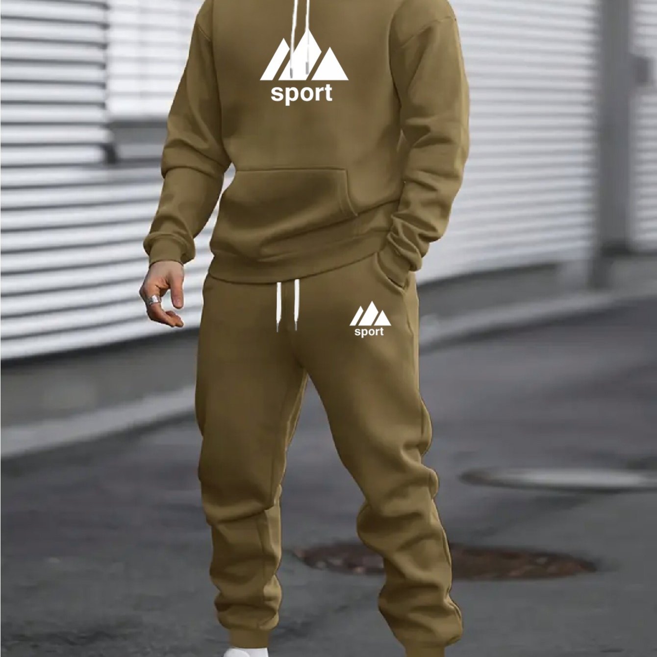 TEMU Men's Trendy Mountain Sport Print Hooded Sweatshirt And Long Athletic Pants Two-piece Set, Full Of , Essential For Minimalist Street Style,
