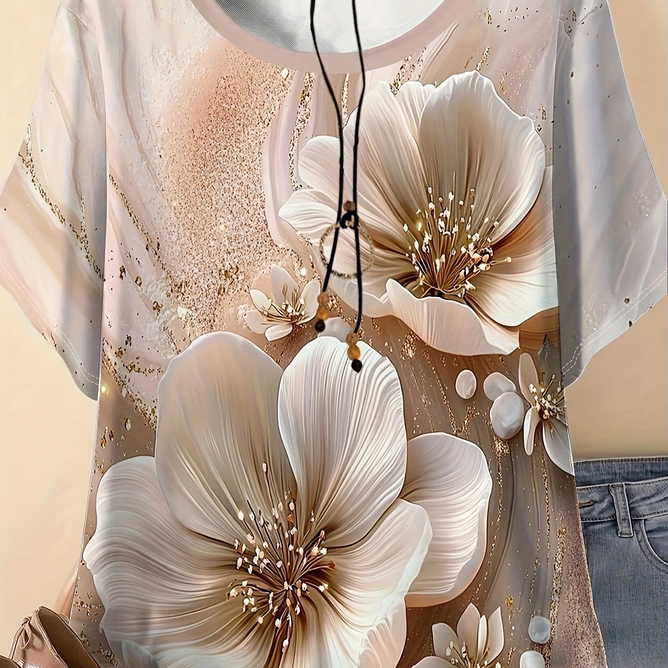 TEMU Plus Size, Women's Floral Print T-shirt - Casual Short Sleeve Round Neck, Breathable Polyester Blend, Machine Washable, Spring/summer Fashion