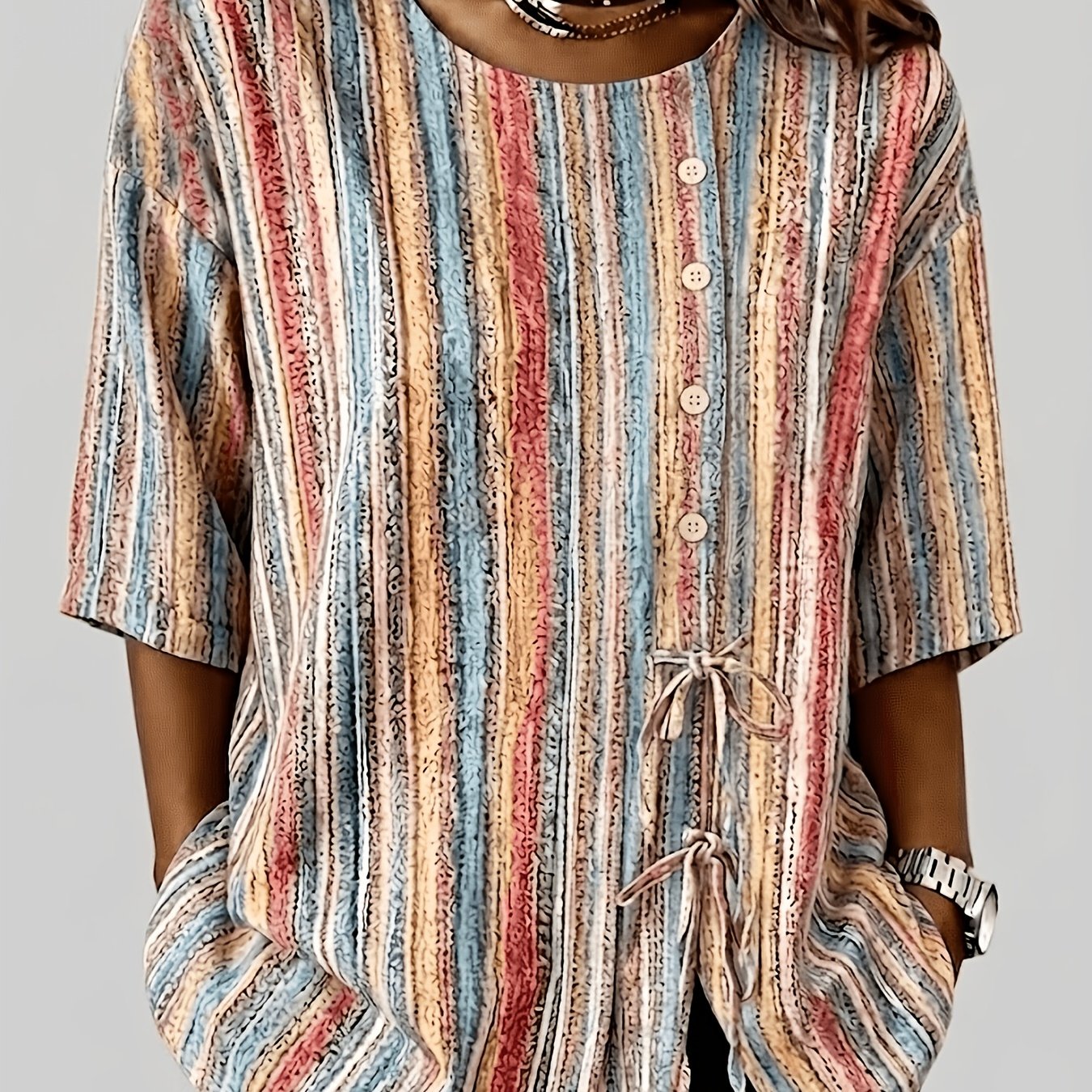 TEMU Vaelin Women's Vintage Striped Button-front Shirt - Loose Fit Round Neck Short Sleeve Tie-side Top With Button Collar, Breathable Button-front