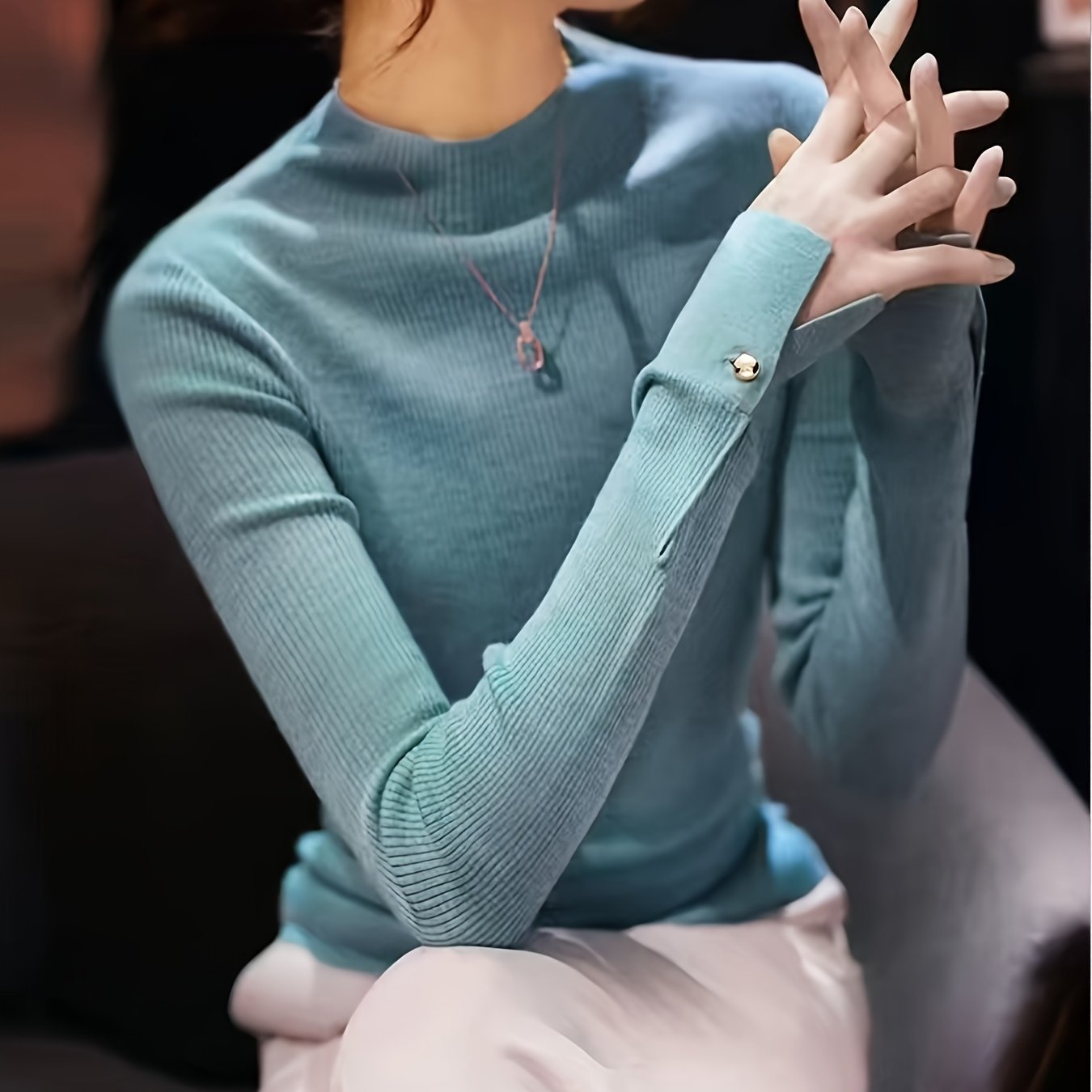 TEMU 여성용 세미하이 칼라 패셔너블 엘레강스 시크 커프 버튼 긴팔 언더셔츠 탑 - 데일리 커뮤트 - 출근 및 외출용