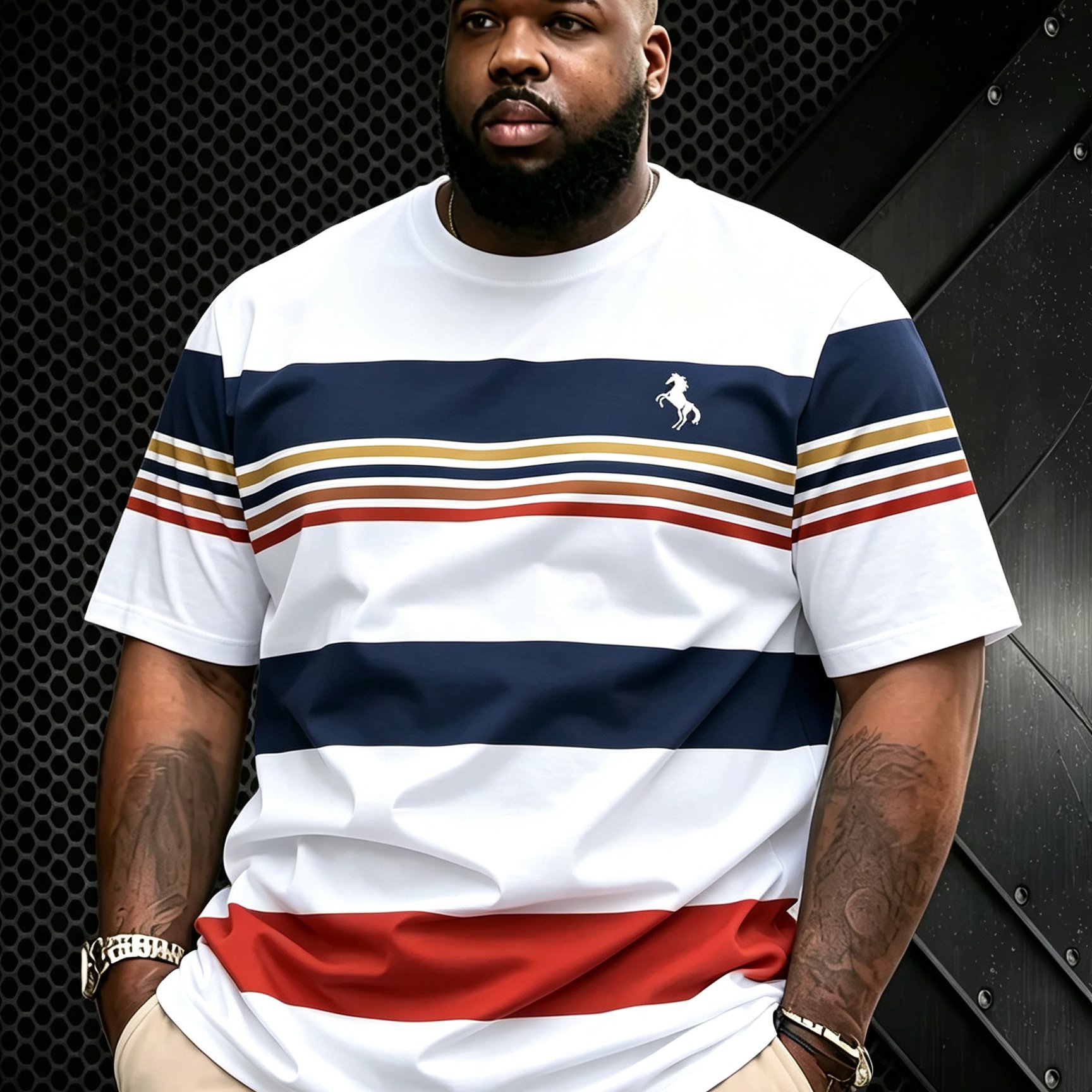 TEMU Plus Size Men's T-shirt, Men's Short Sleeve Shirt, Summer Round Neck Top, Striped Print Pattern Clothing, Casual Comfortable Pullover, Suitable