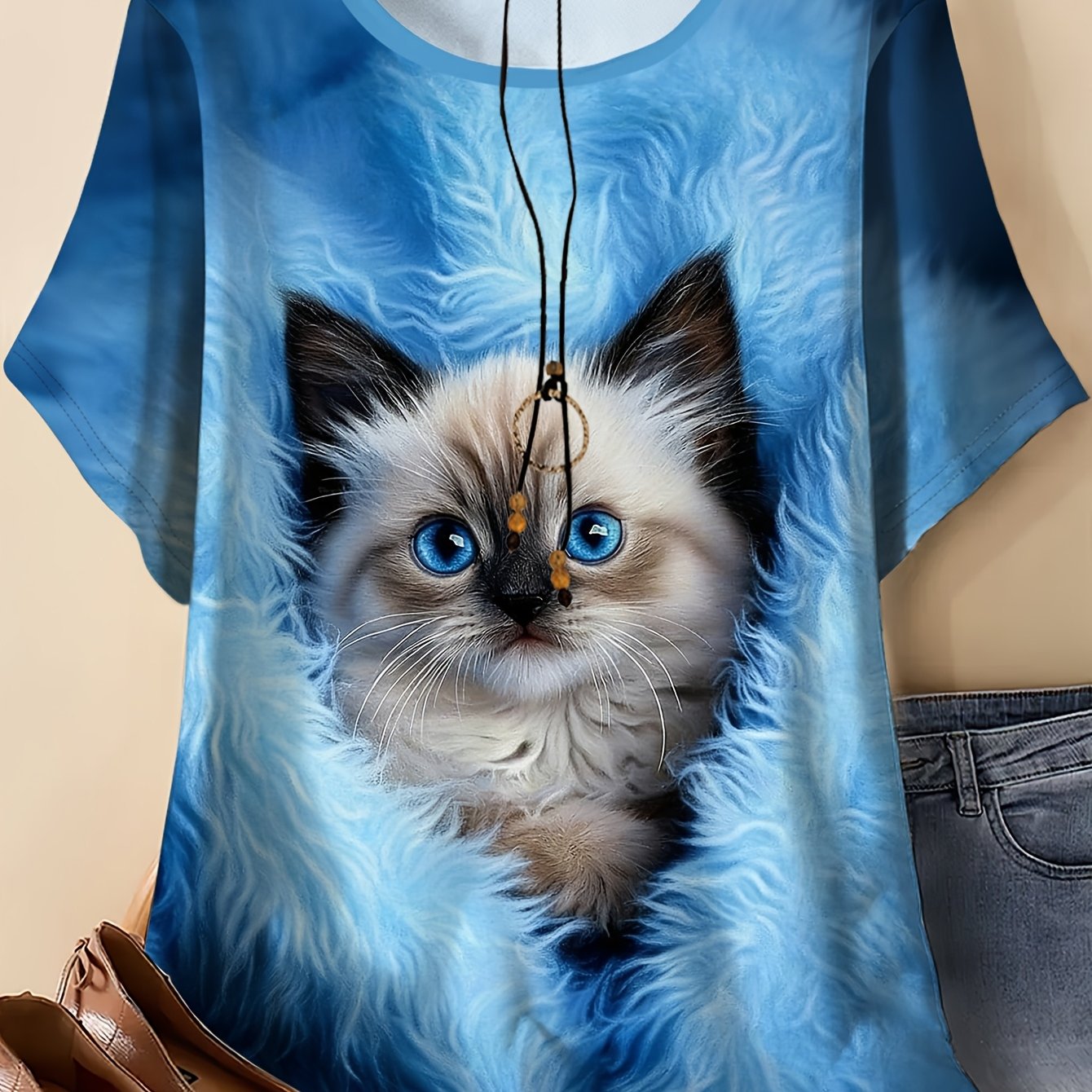 TEMU Plus Size - Plus Size - Plus-size Women's Cute Cat Print Comfortable Short-sleeve Round-neck T-shirt (additions Not Included)