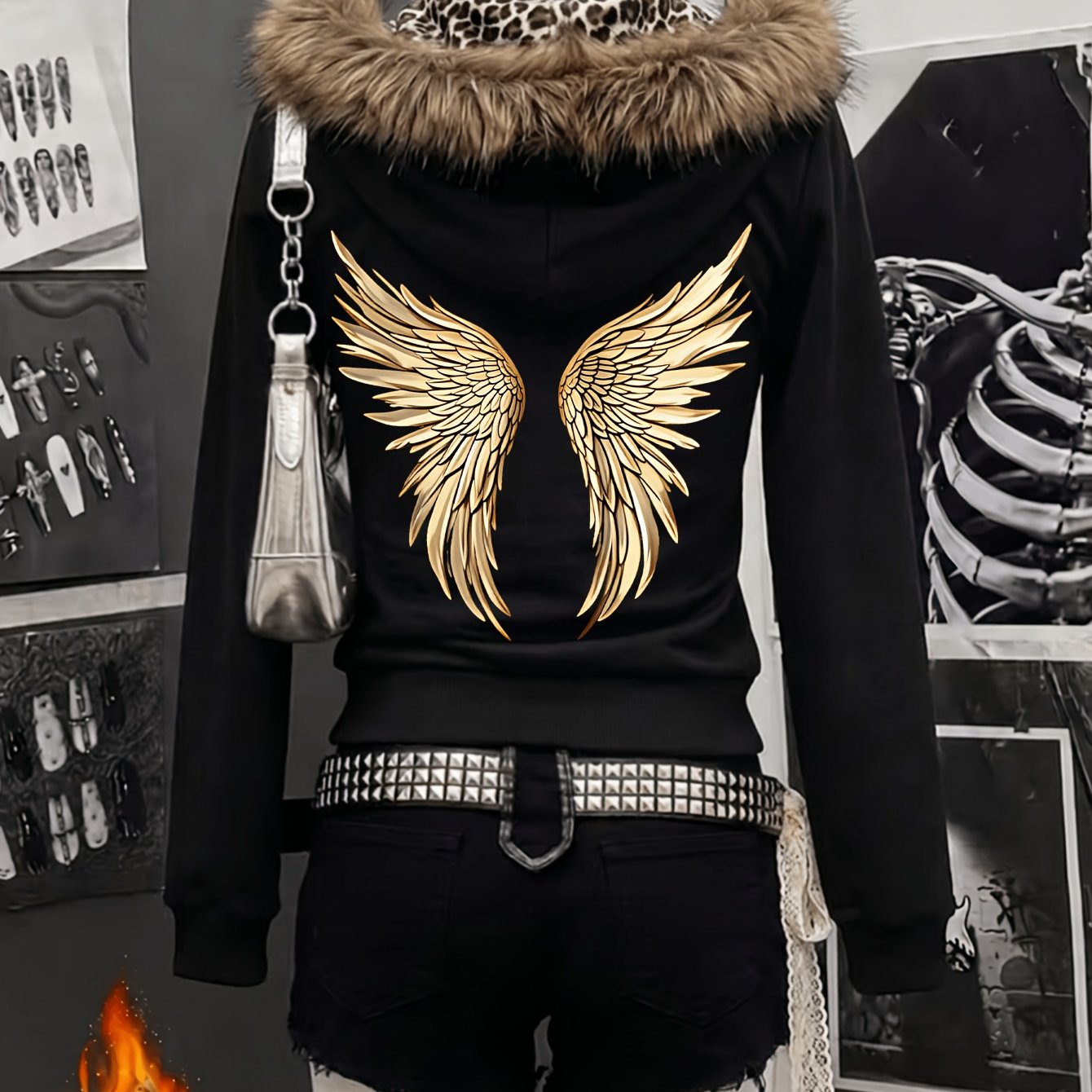 TEMU Women' Vintage Leopard Print & Golden Wings Hooded Jacket With Collar - Zip-up Cardigan Sweatshirt, Machine Washable Zipper Outerwear Suitable