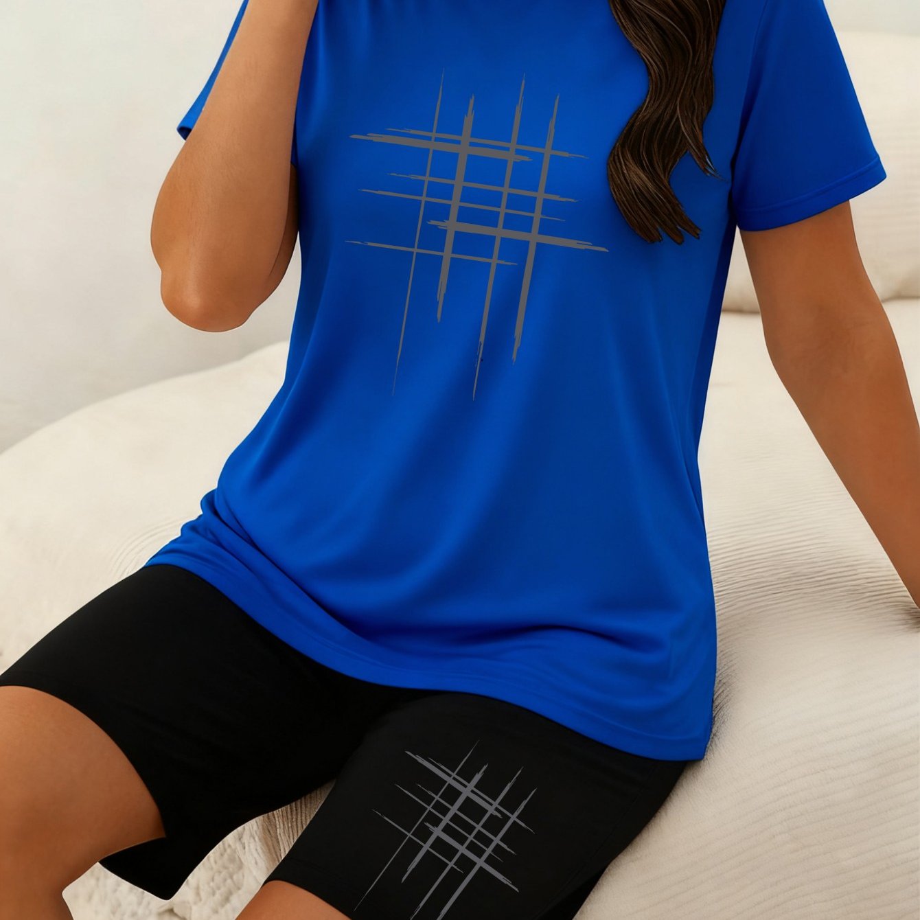 TEMU Women's Plus-size Outfit Featuring A Creative Line - Lightweight And Breathable, Perfect For Summer Casual Wear With A Round Neck And Short