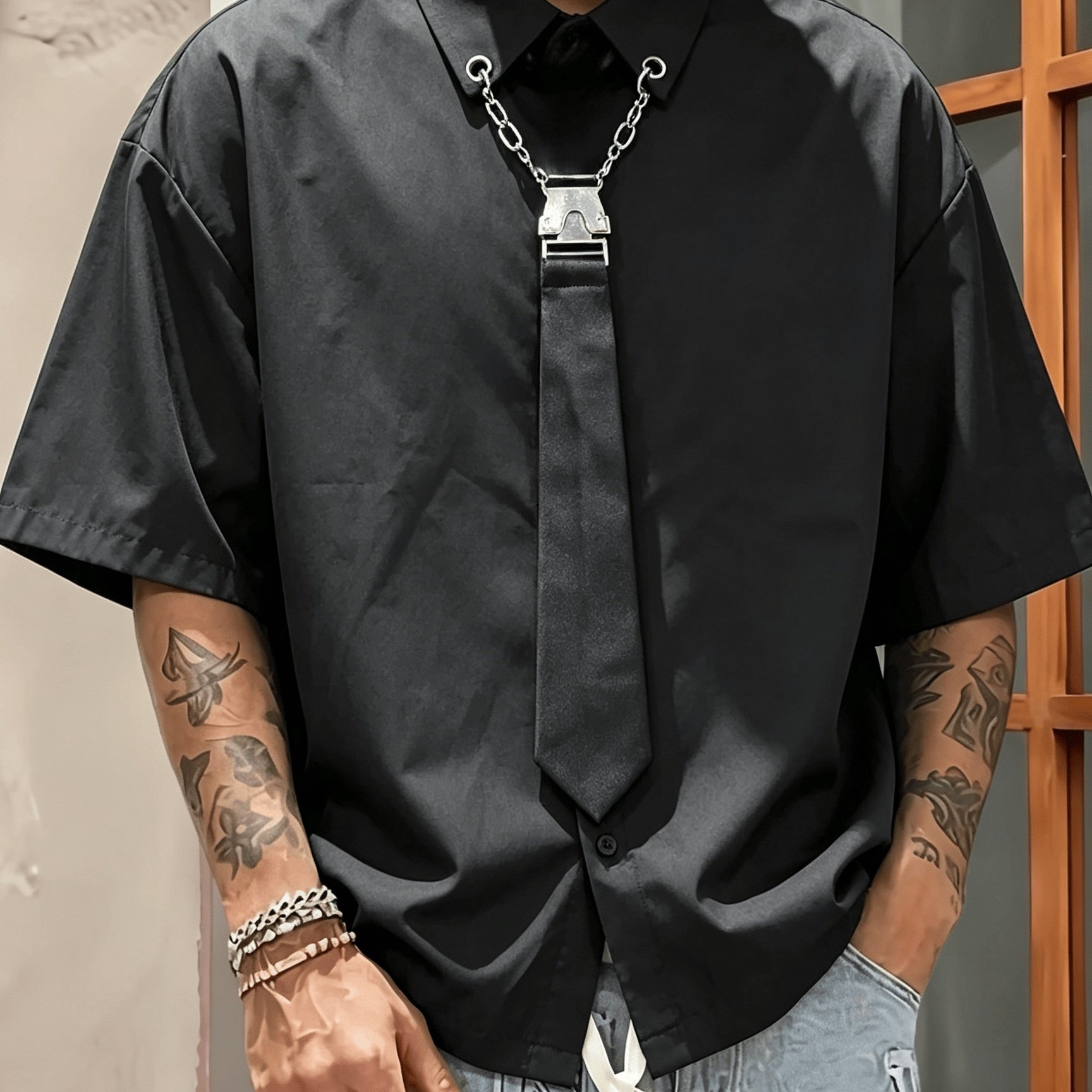 TEMU Preppy Style Men's Black Casual Summer Lapel Cardigan Short-sleeve T-shirt With Tie, Suitable For , Commuting, Dates, Stylish Versatile Casual