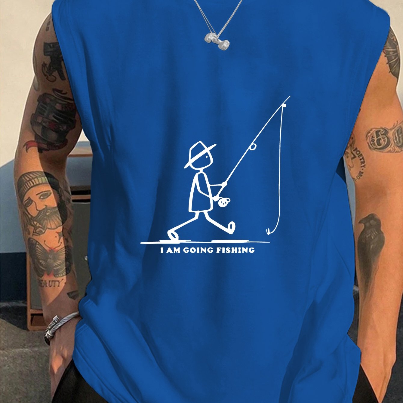 TEMU Men's Sleeveless Fishing Shirt - Fisherman Print & "going Fishing" Design, Lightweight Breathable Opaque Fabric, Loose Fit Summer Beachwear