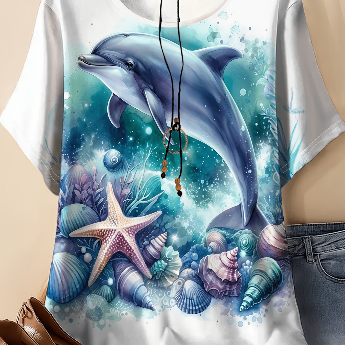 TEMU Plus Size, Plus-size Women's T-shirt, Round Neck Short Sleeves, Dolphin And Seashell Pattern Print Top, Elegant Style Top, Casual Outdoor Wear,