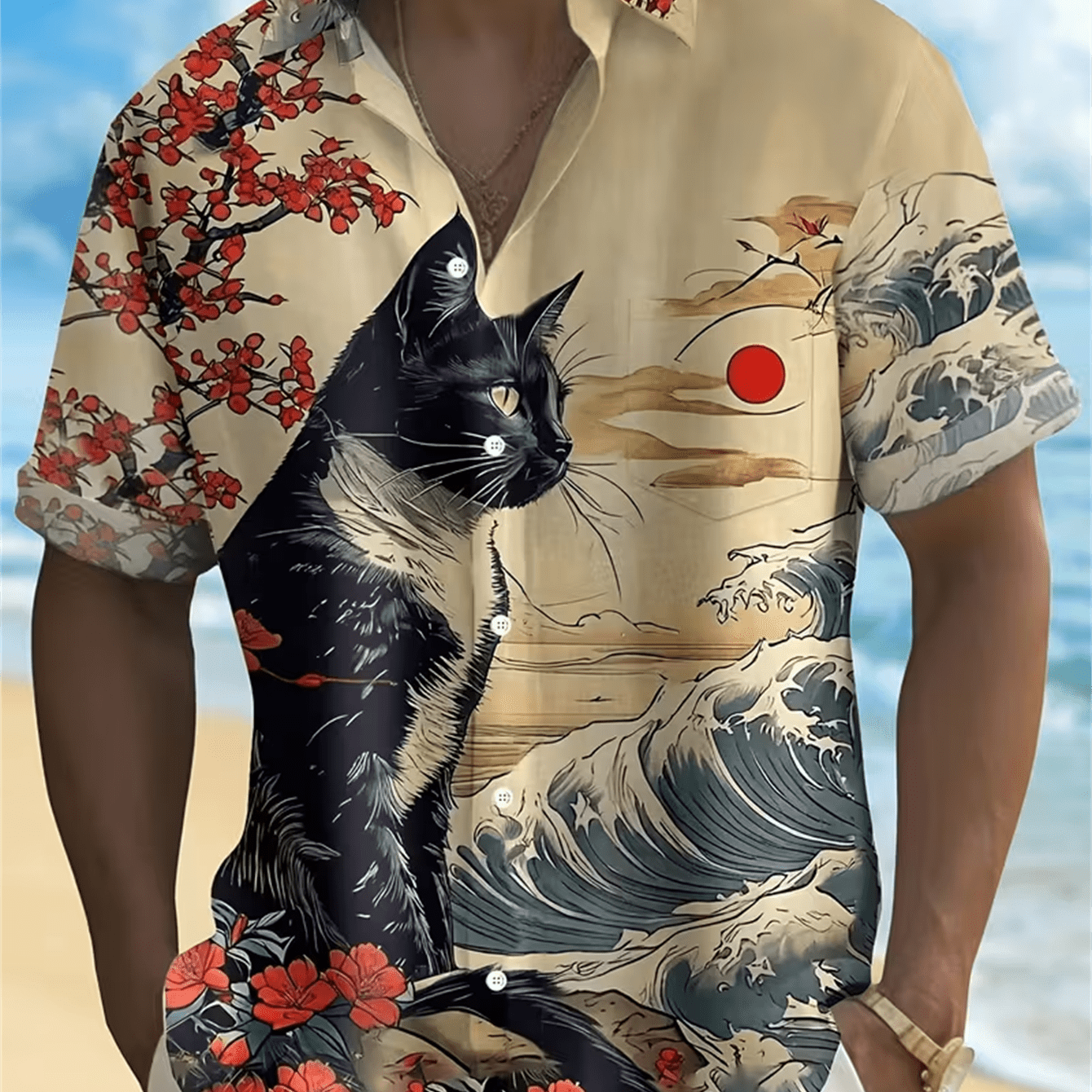 TEMU 【メンズ】浮世絵風 黒猫 半袖シャツ、和風カジュアルブラウス、 桜波紋デザイン、ゆったりフィット トップス、バケーション、普段使い、ストリートスタイルに