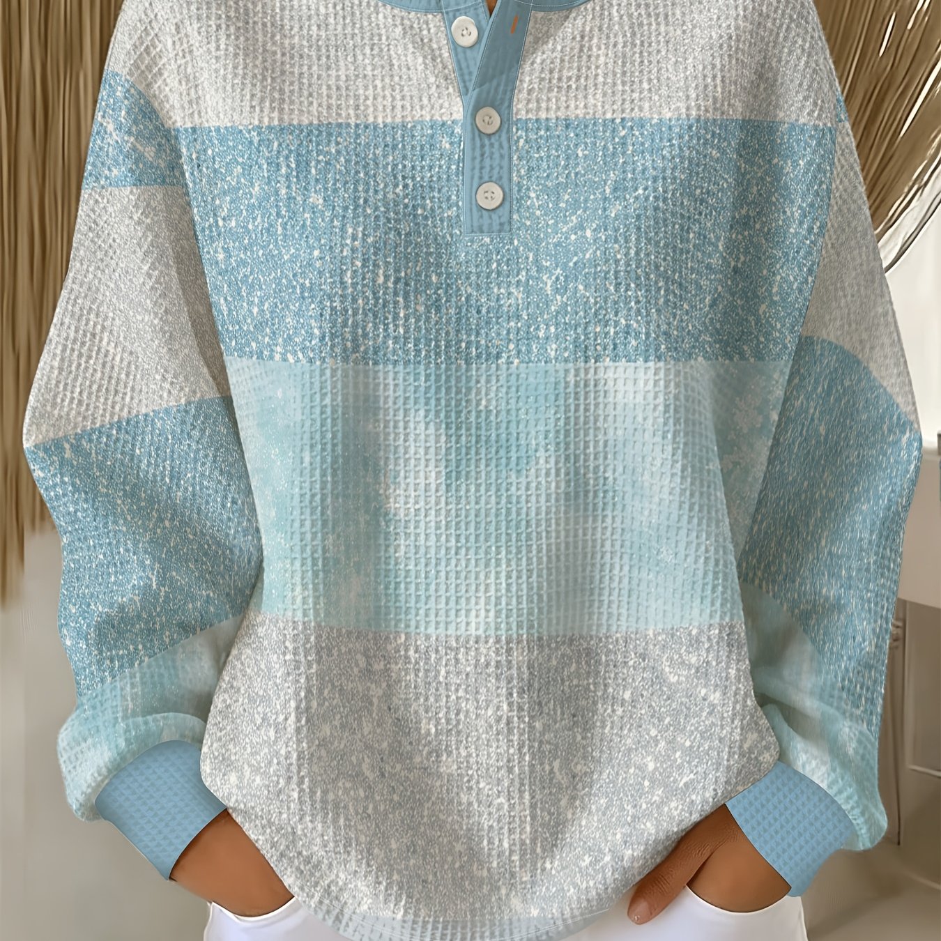 TEMU Women's Waffle Henley Button-up Collar Style Top - Contrast Striped Full-body Waffle Texture, Round Neck Button-front Closure Suitable For