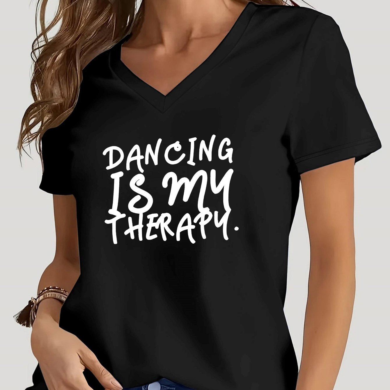 TEMU Letter Print T-shirt, Short Sleeve V Neck Casual Top For Summer & Spring, Women's Clothing
