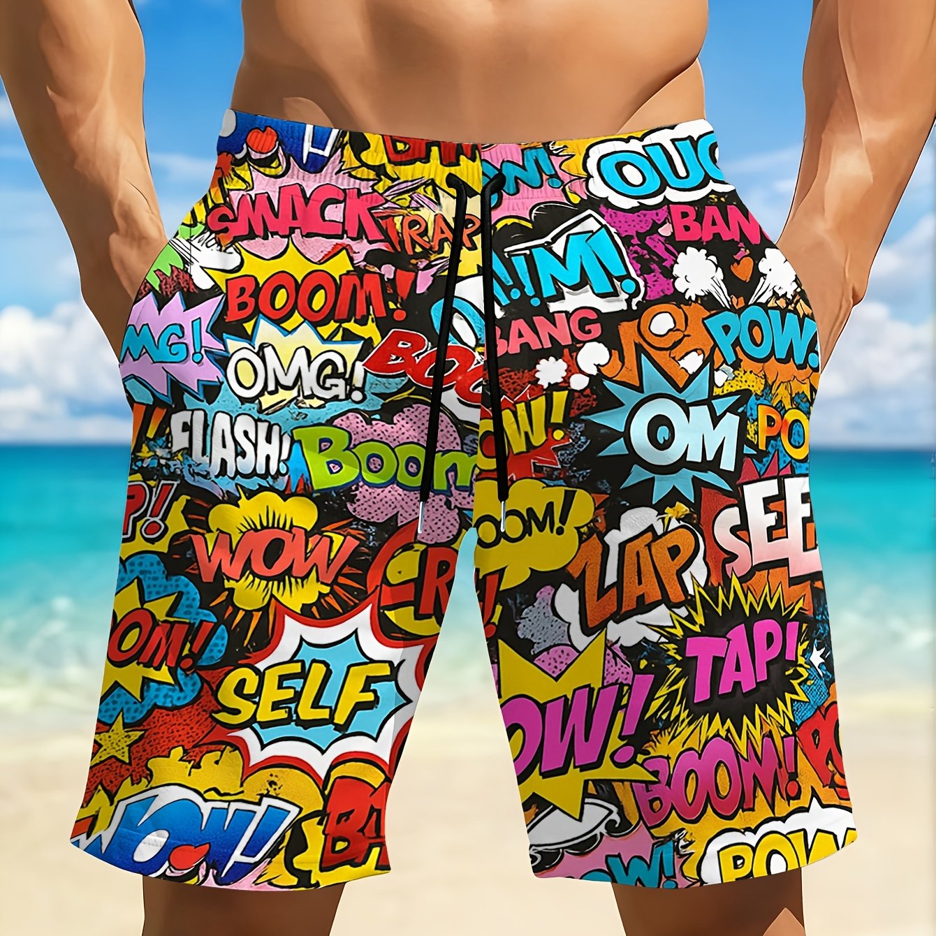TEMU Men's Beach Shorts Colorful Comic Art Print With Boom Omg Pow Words Summer Quick Dry Swim Trunks For Beach Vacation Pool Party Casual Wear -