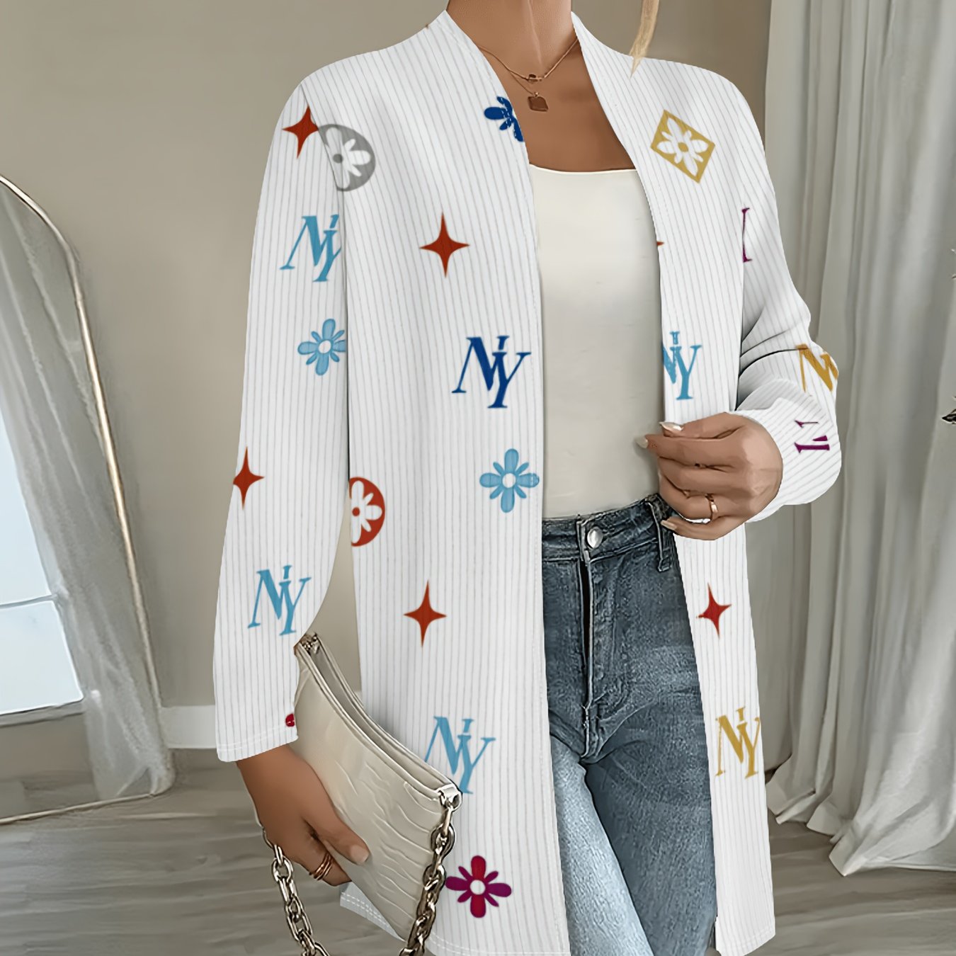 TEMU Women's Printed Open Front Cardigan, Lightweight Long Sleeve Jacket, Fashionable Loose Fit, Suitable For Casual, Office, And Party Occasions,