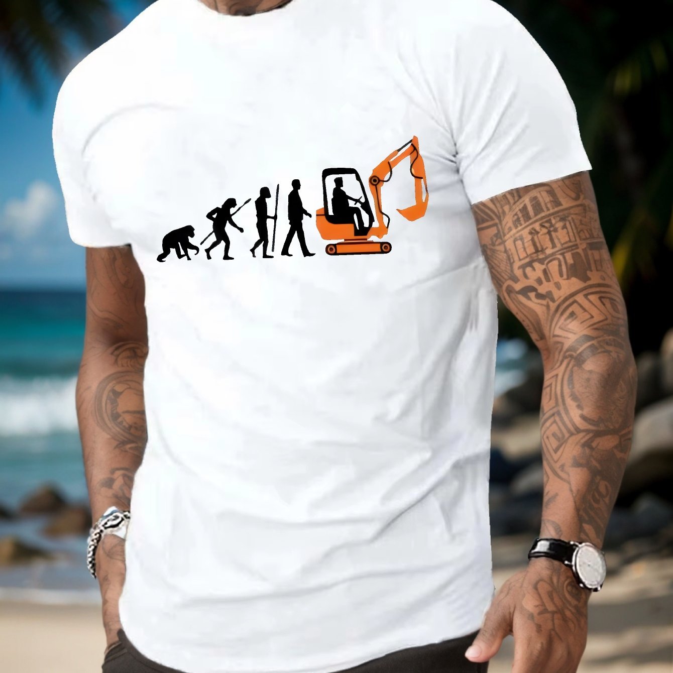 TEMU T-Shirt Décontracté pour Homme à Manches Courtes avec de Tracteur Évolution - Polyester Respirant, Col Rond, Haut de Mode d'Été, Polyester, Col